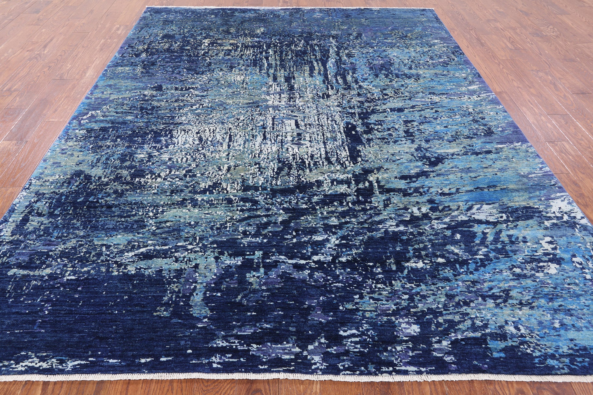 Blue Contemporary Hand Knotted Wool & Silk Rug - 8' 2" X 9' 10" - Golden Nile