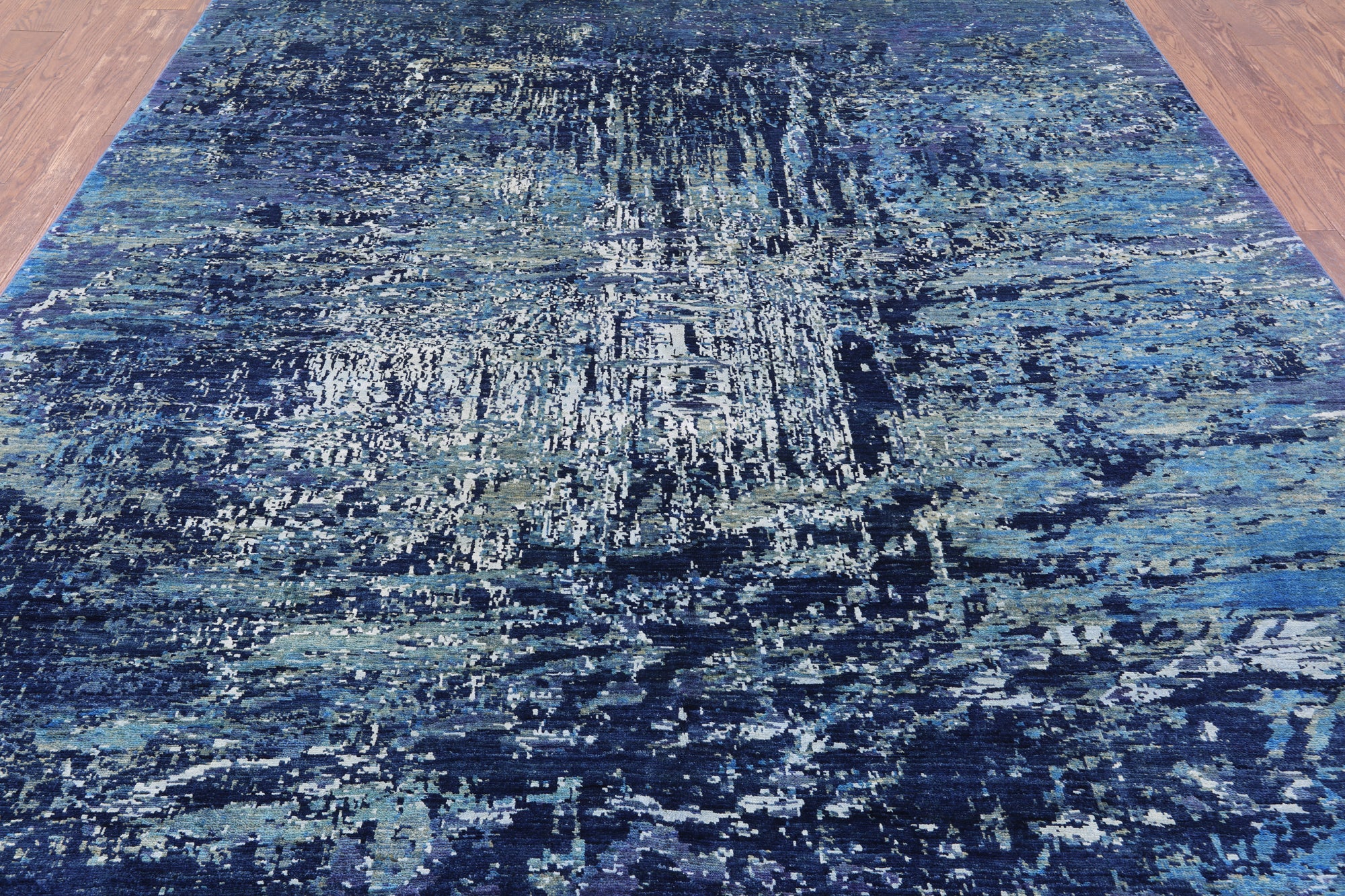 Blue Contemporary Hand Knotted Wool & Silk Rug - 8' 2" X 9' 10" - Golden Nile
