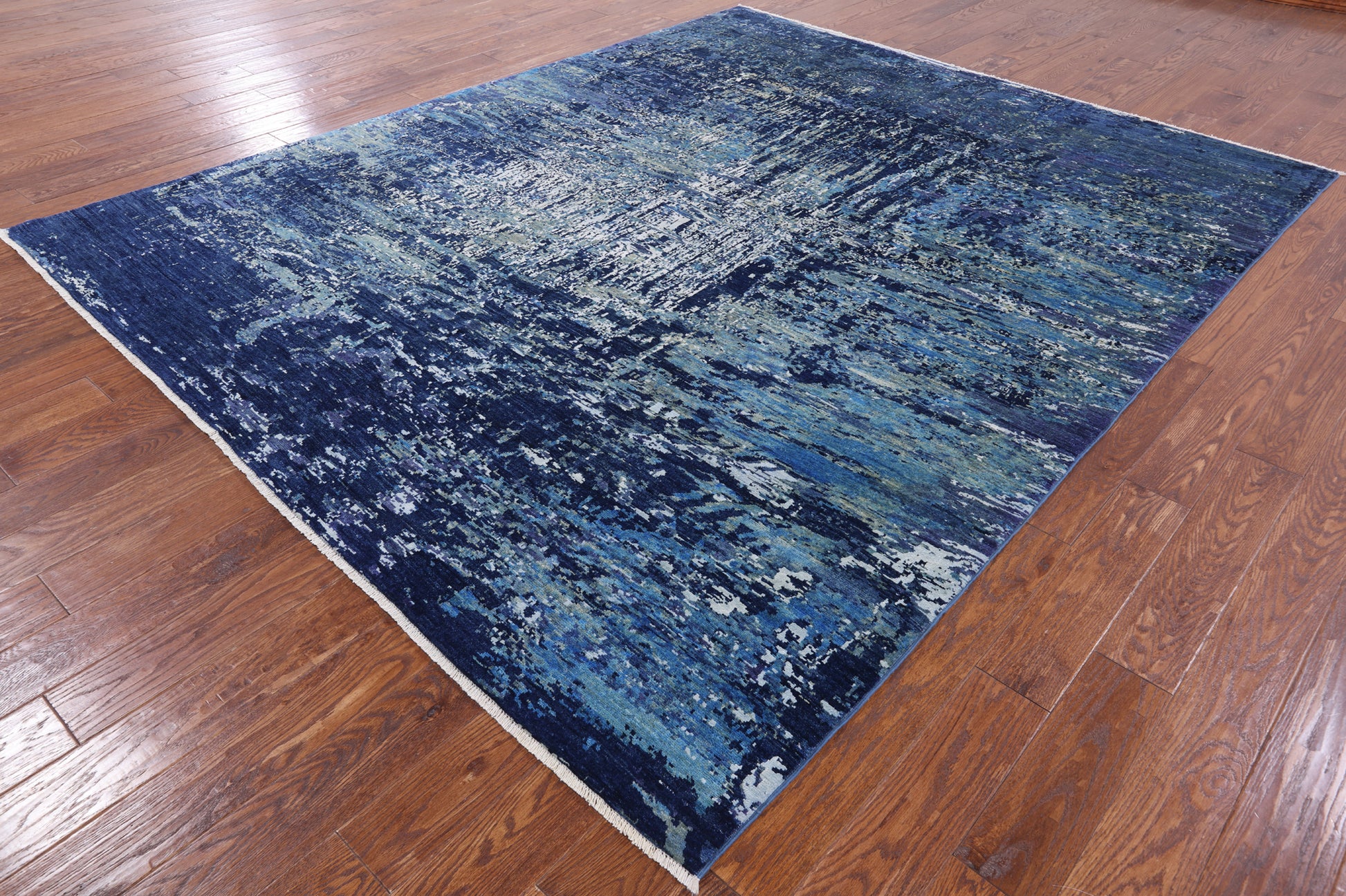 Blue Contemporary Hand Knotted Wool & Silk Rug - 8' 2" X 9' 10" - Golden Nile
