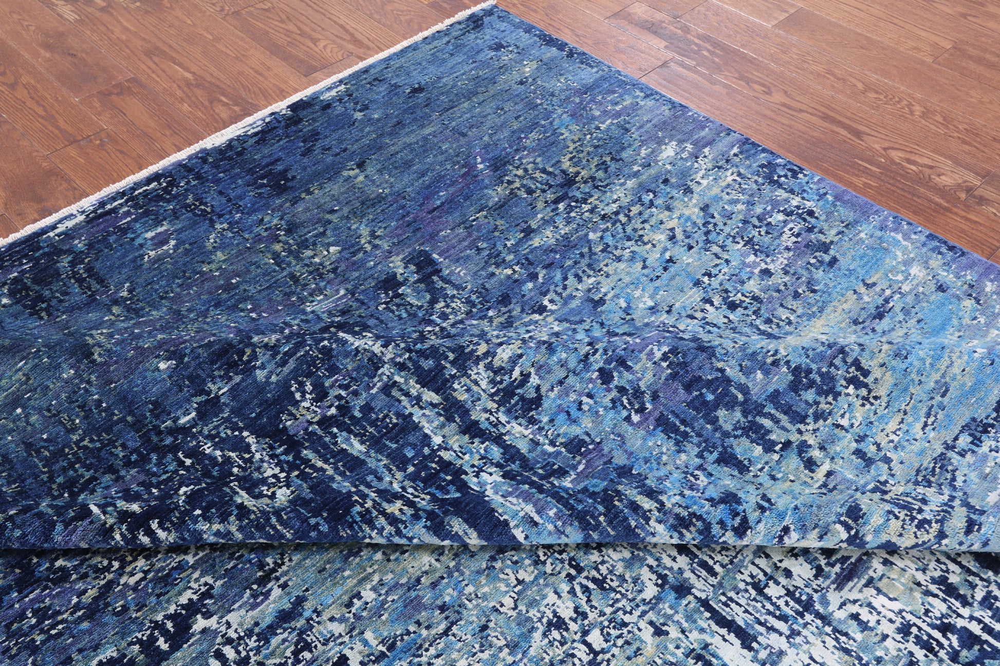 Blue Contemporary Hand Knotted Wool & Silk Rug - 8' 2" X 9' 10" - Golden Nile