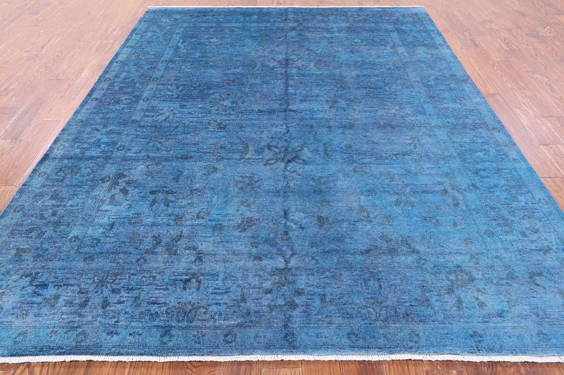 Blue Full Pile Overdyed Hand Knotted Wool Area Rug - 8' 0" X 9' 9" - Golden Nile