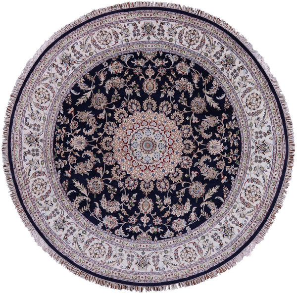 Round Persian Nain Hand Knotted Wool & Silk Rug - 7' 10" X 7' 10" - Golden Nile