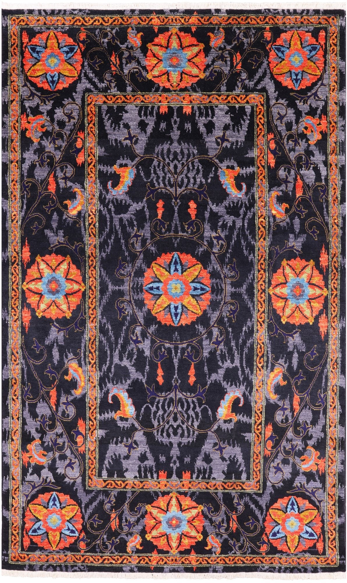 Black William Morris Hand Knotted Wool Rug - 5' 2" X 8' 5" - Golden Nile