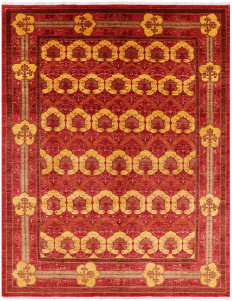 Red William Morris Hand Knotted Wool Rug - 9' 1" X 11' 6" - Golden Nile