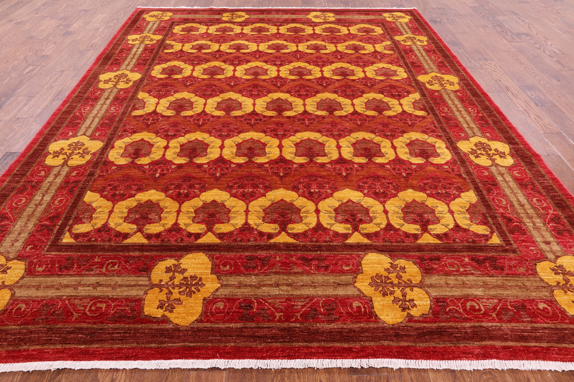 Red William Morris Hand Knotted Wool Rug - 9' 1" X 11' 6" - Golden Nile