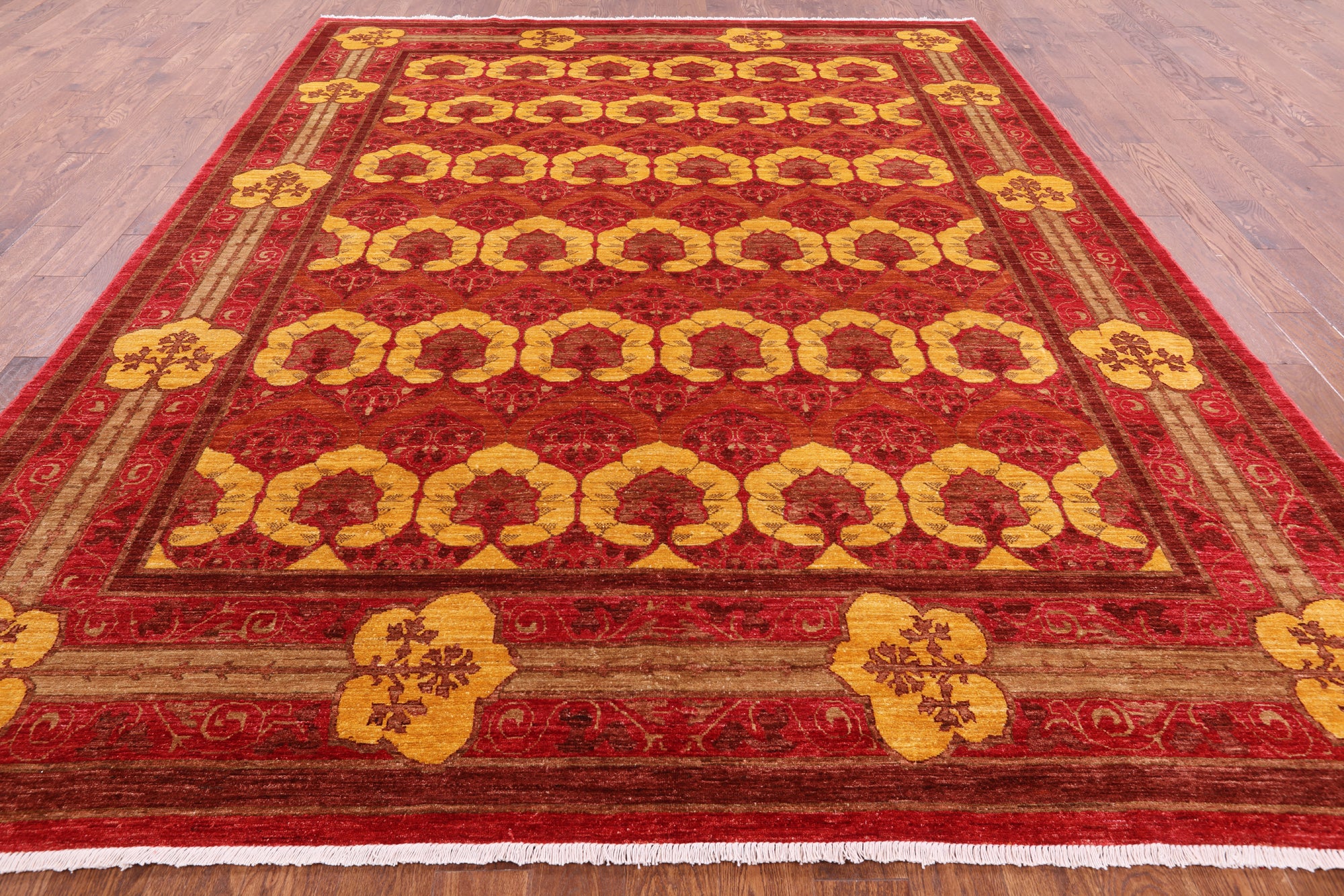 Red William Morris Hand Knotted Wool Rug - 9' 1" X 11' 6" - Golden Nile
