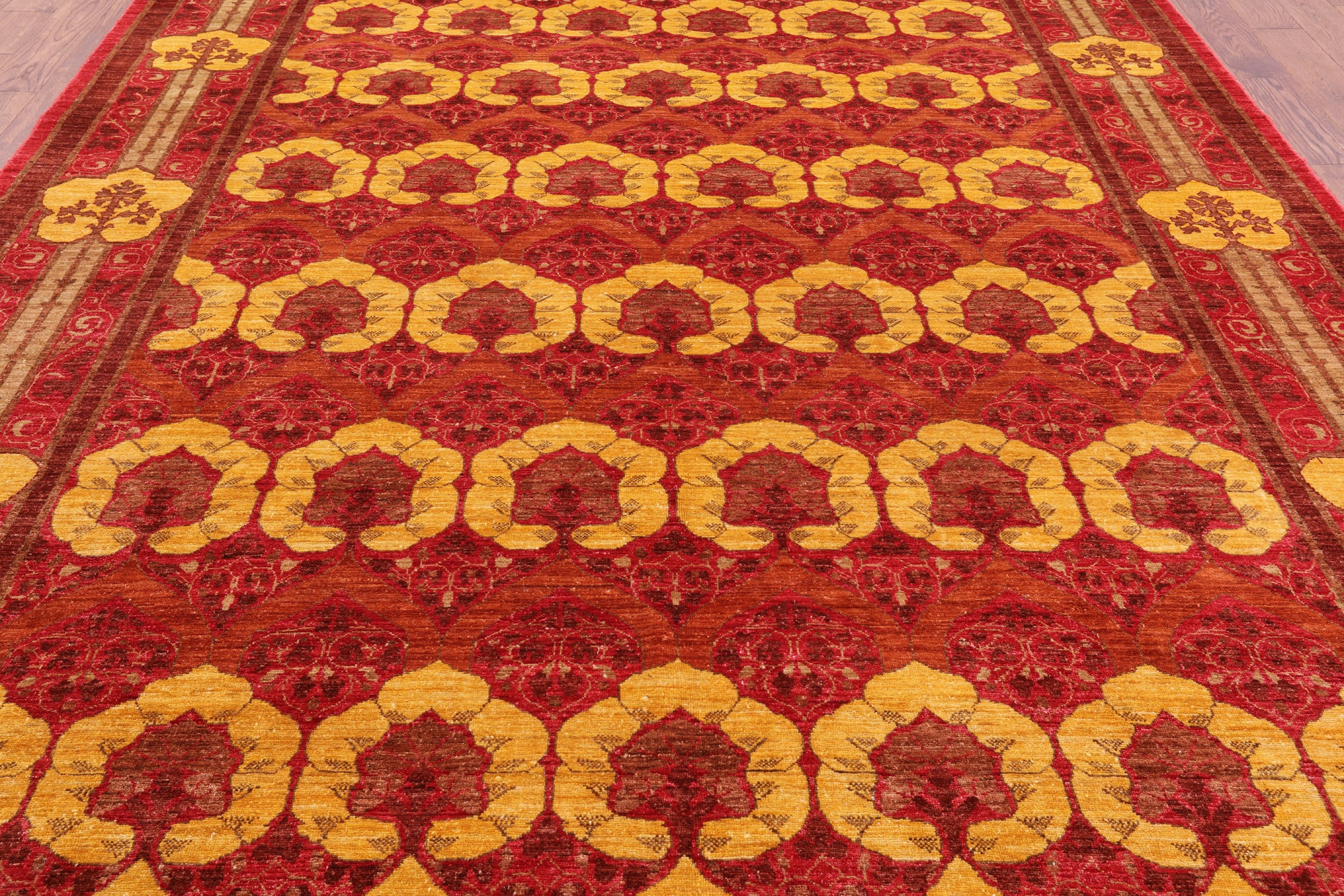Red William Morris Hand Knotted Wool Rug - 9' 1" X 11' 6" - Golden Nile