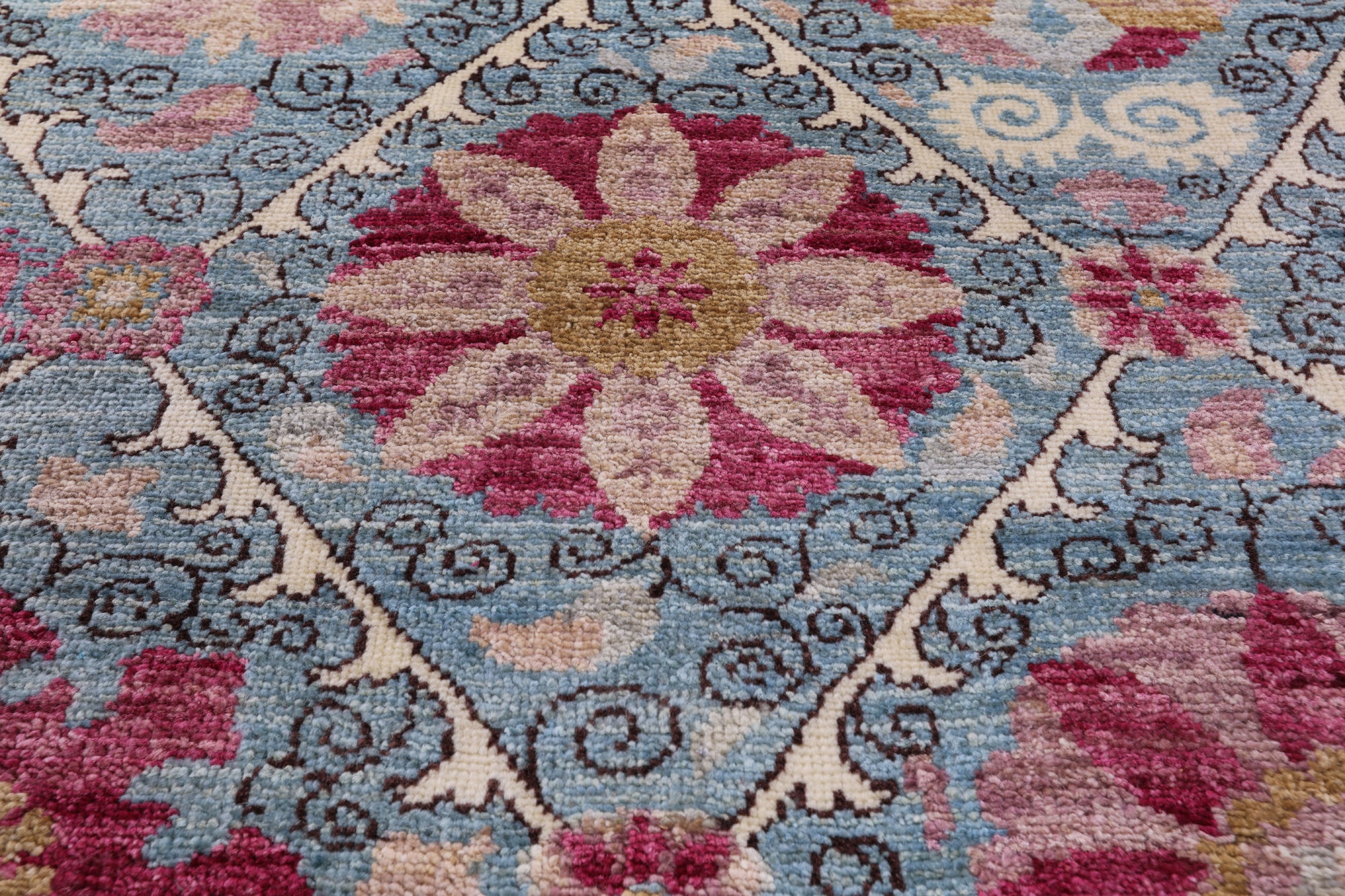 Blue William Morris Hand Knotted Wool Rug - 9' 3" X 11' 5" - Golden Nile