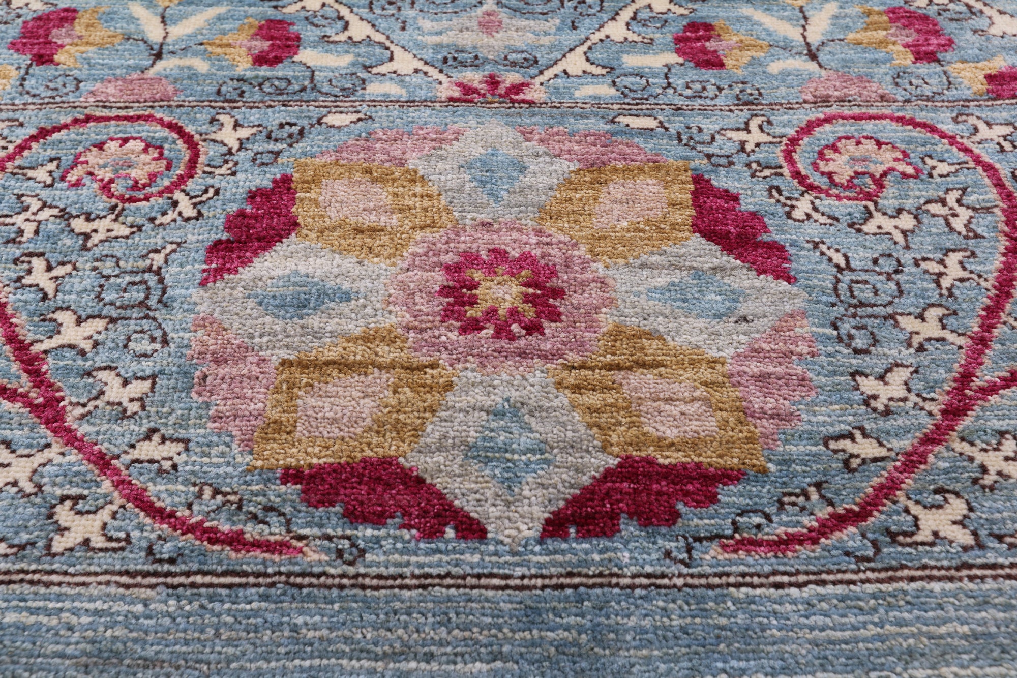 Blue William Morris Hand Knotted Wool Rug - 9' 3" X 11' 5" - Golden Nile