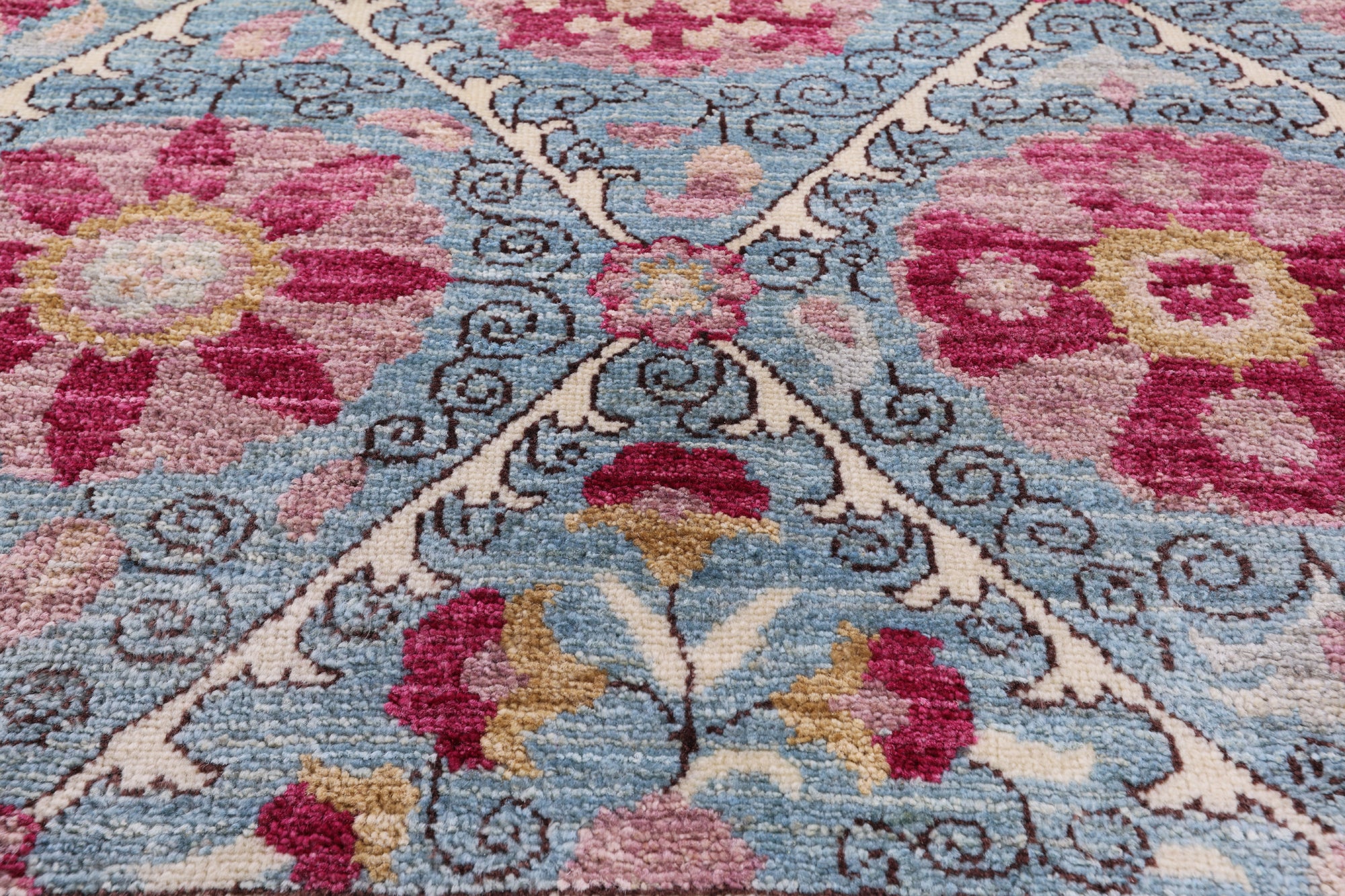 Blue William Morris Hand Knotted Wool Rug - 9' 3" X 11' 5" - Golden Nile