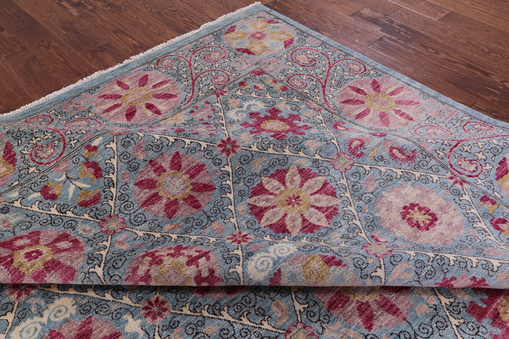 Blue William Morris Hand Knotted Wool Rug - 9' 3" X 11' 5" - Golden Nile