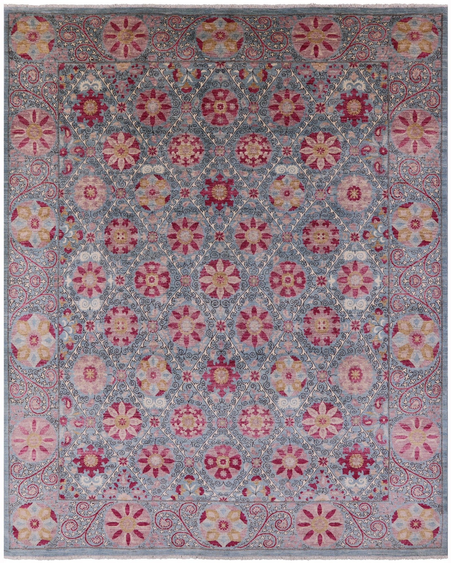 Blue William Morris Hand Knotted Wool Rug - 9' 3" X 11' 5" - Golden Nile