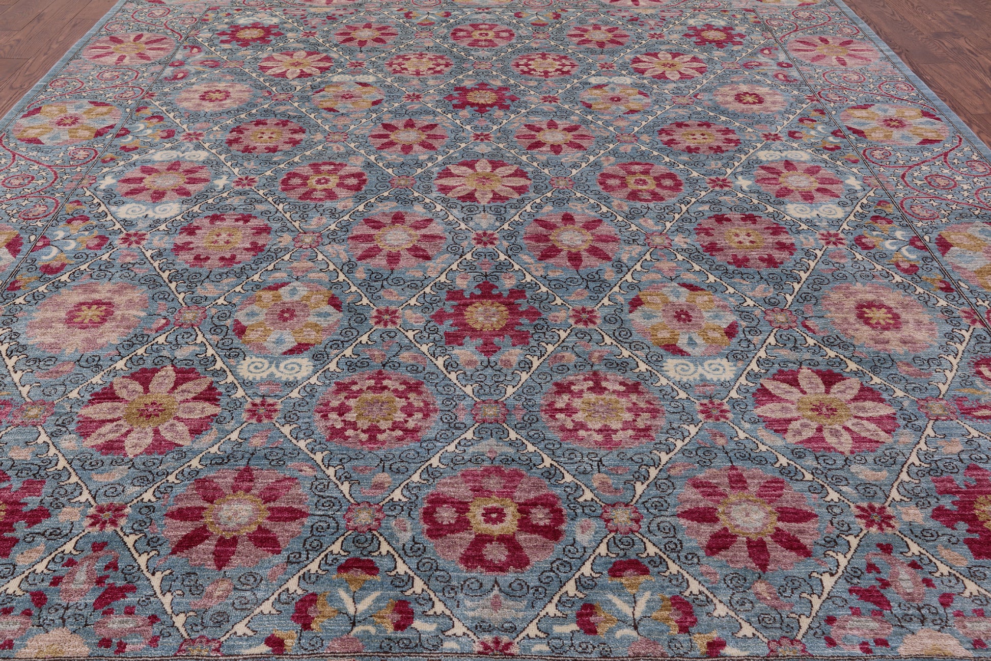 Blue William Morris Hand Knotted Wool Rug - 9' 3" X 11' 5" - Golden Nile