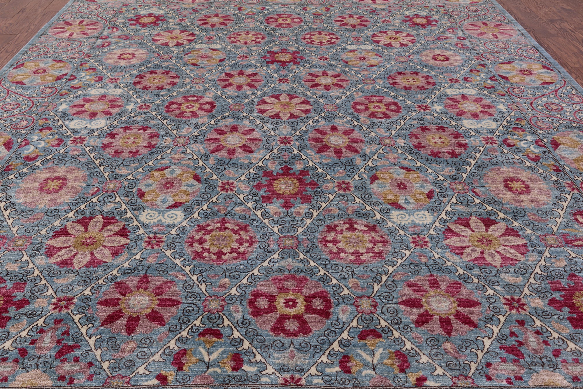 Blue William Morris Hand Knotted Wool Rug - 9' 3" X 11' 5" - Golden Nile