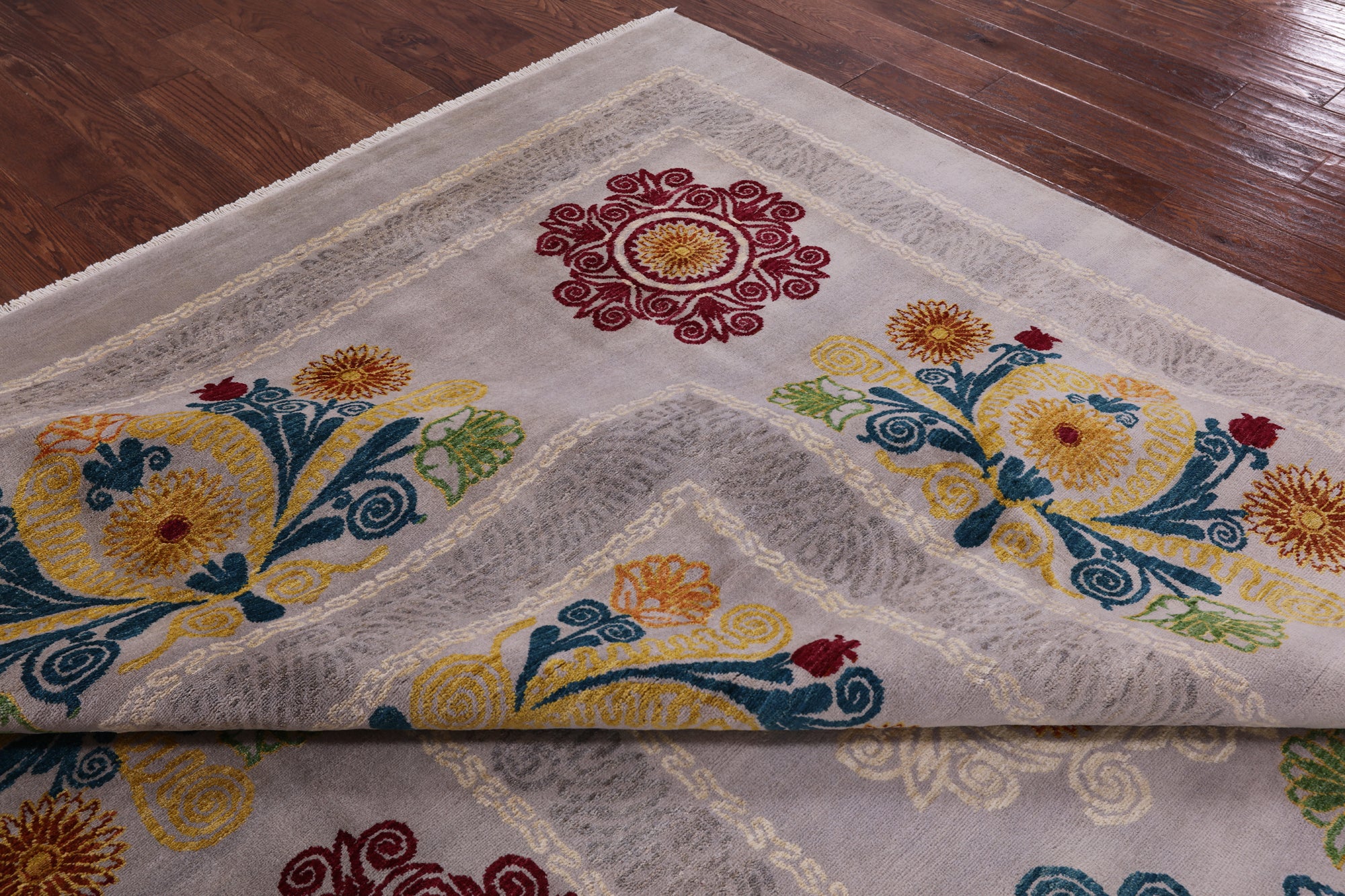 Ivory William Morris Wool & Silk Area Rug - 9' 1" X 12' 4" - Golden Nile