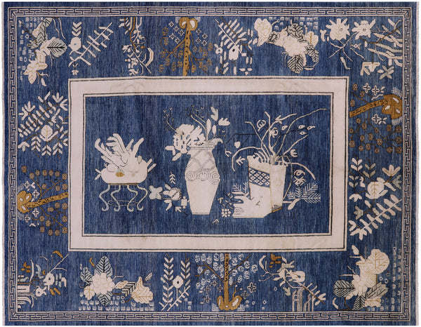 Blue Contemporary Handmade Wool & Silk Rug - 9' 1" X 11' 8" - Golden Nile