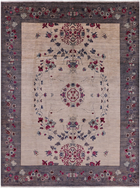 Ivory William Morris Hand Knotted Wool Rug - 9' 1" X 11' 10" - Golden Nile