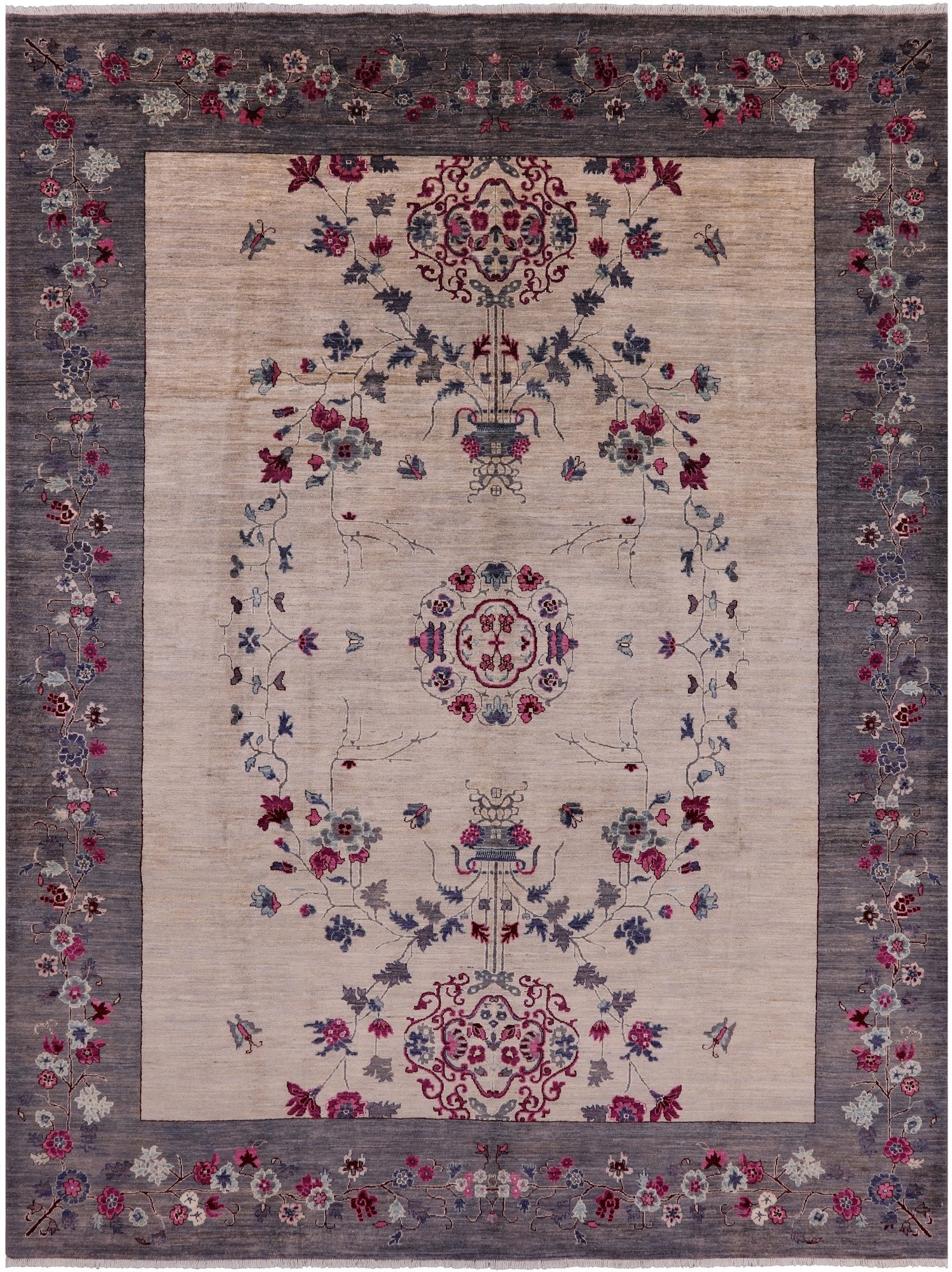 Ivory William Morris Hand Knotted Wool Rug - 9' 1" X 11' 10" - Golden Nile