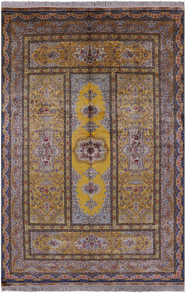 Gold High End Persian Hand Knotted 100 % Silk  Rug - 6' 0" X 9' 0" - Golden Nile
