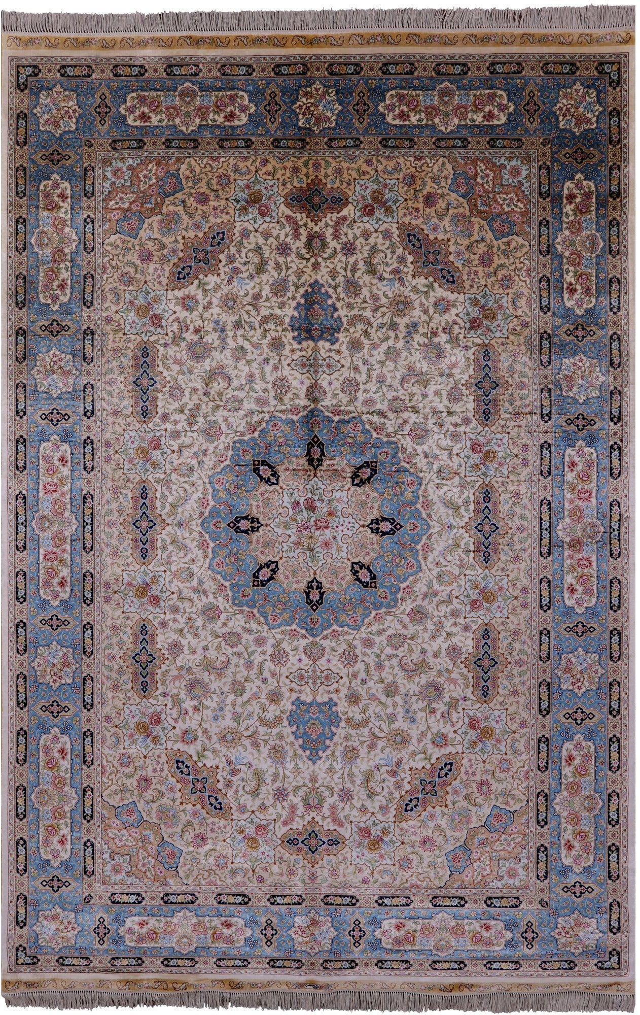 Ivory High End Persian Hand Knotted 100 % Silk  Rug - 6' 0" X 9' 0" - Golden Nile