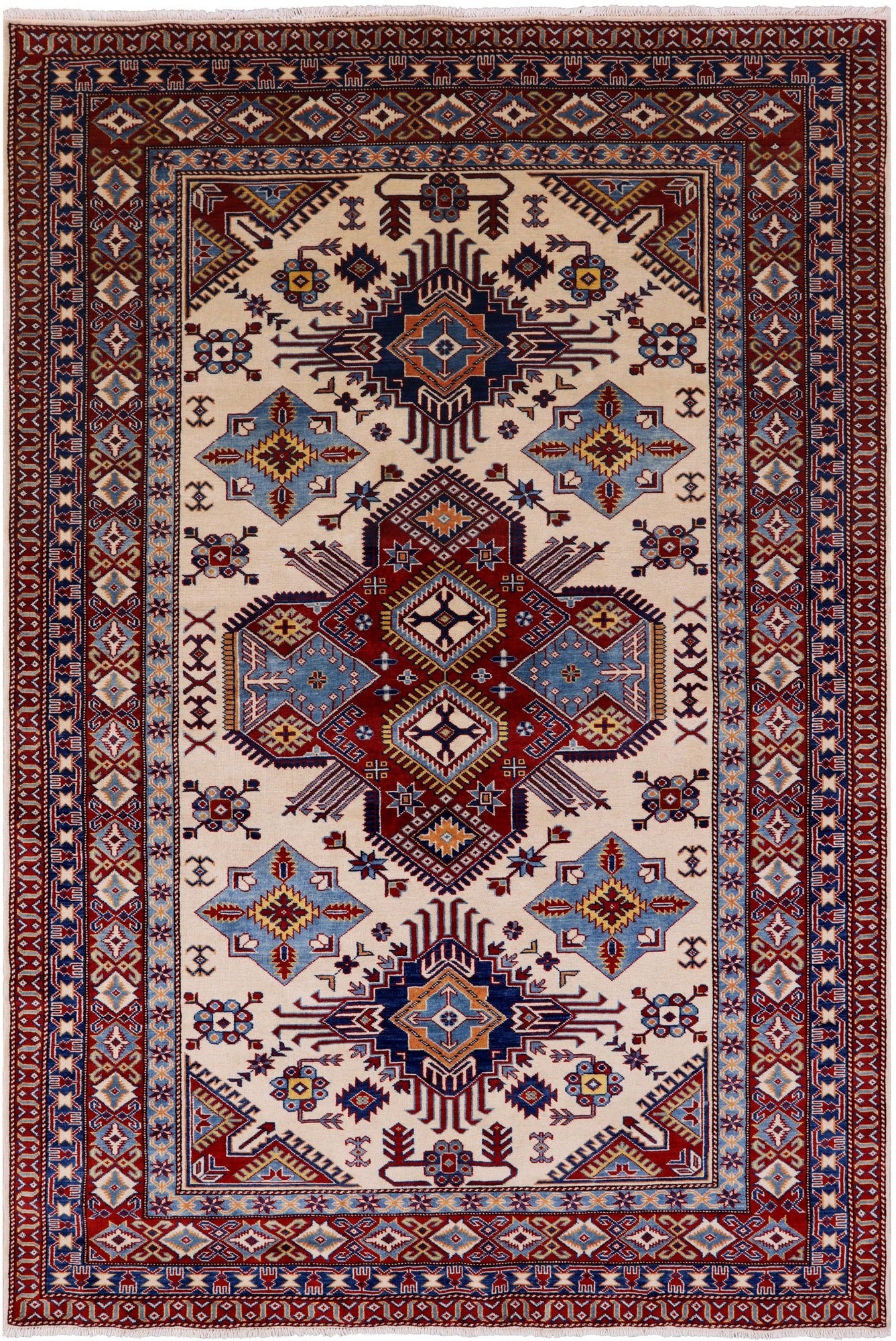 Ivory Super Kazak Hand Knotted Wool Rug - 5' 10" X 8' 7" - Golden Nile