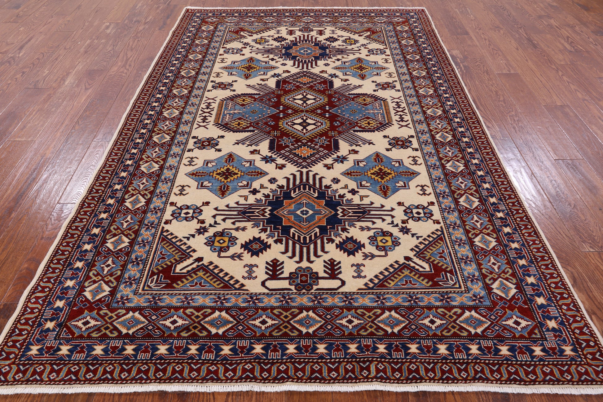 Ivory Super Kazak Hand Knotted Wool Rug - 5' 10" X 8' 7" - Golden Nile