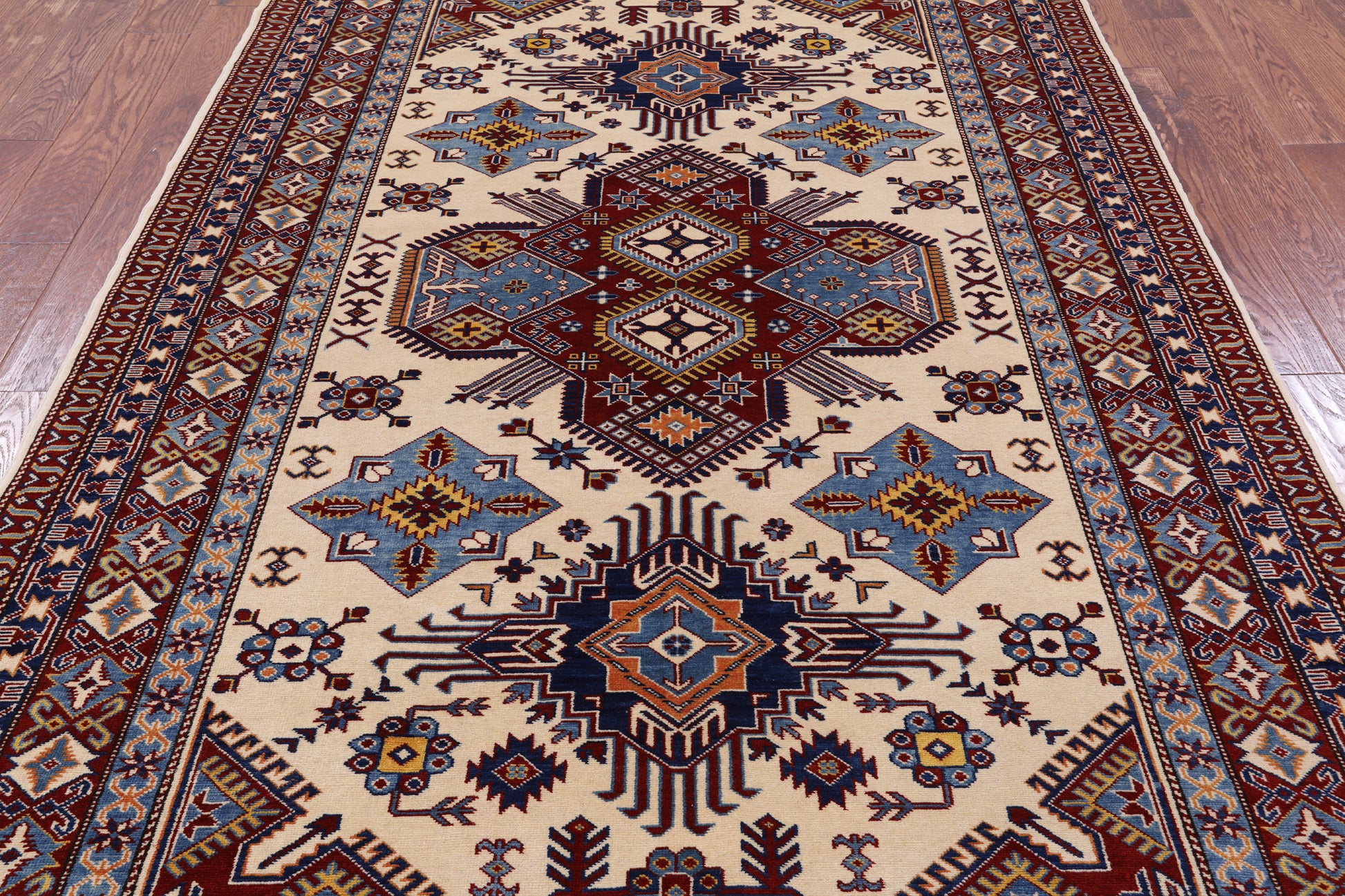 Ivory Super Kazak Hand Knotted Wool Rug - 5' 10" X 8' 7" - Golden Nile