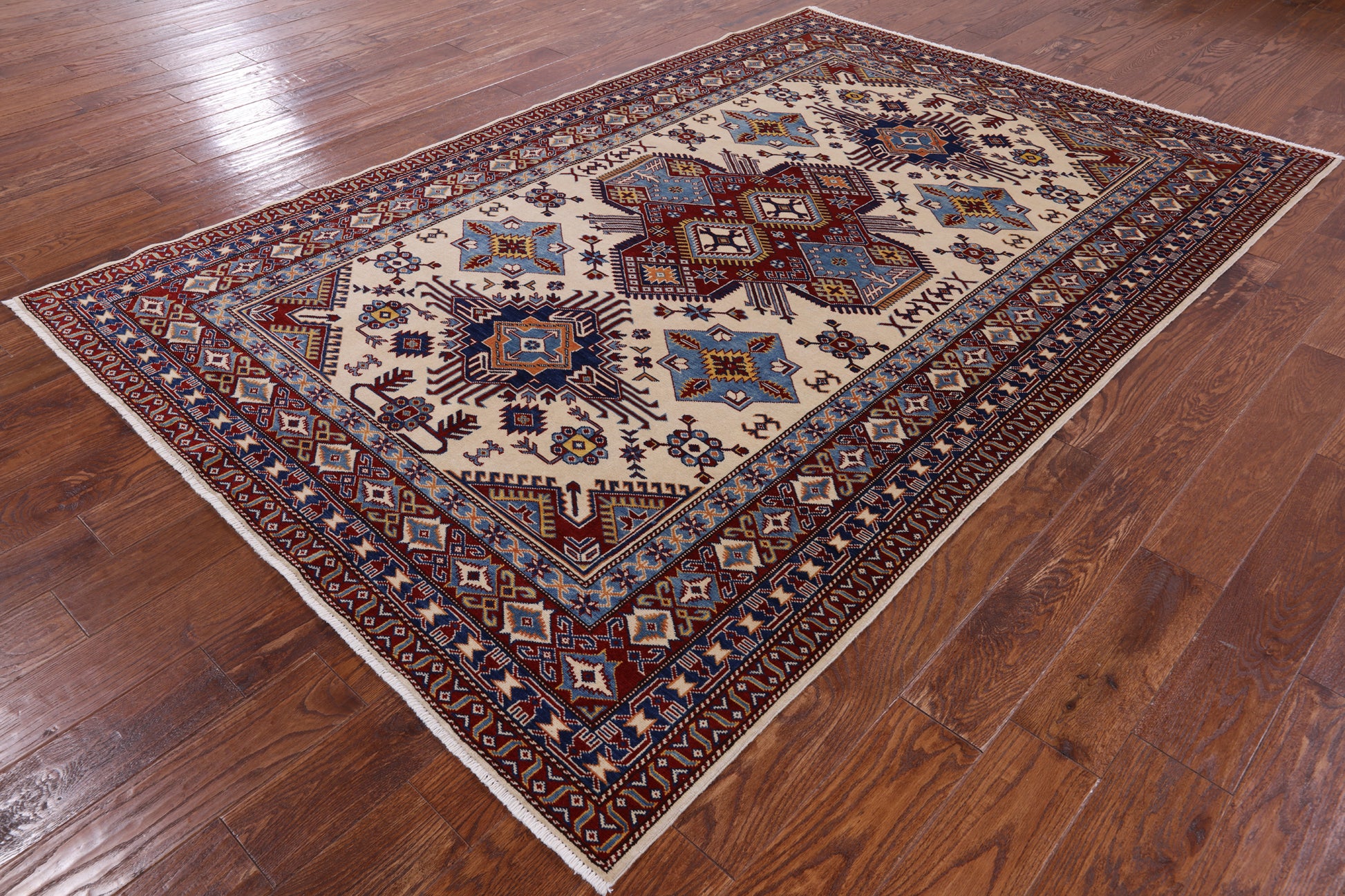 Ivory Super Kazak Hand Knotted Wool Rug - 5' 10" X 8' 7" - Golden Nile