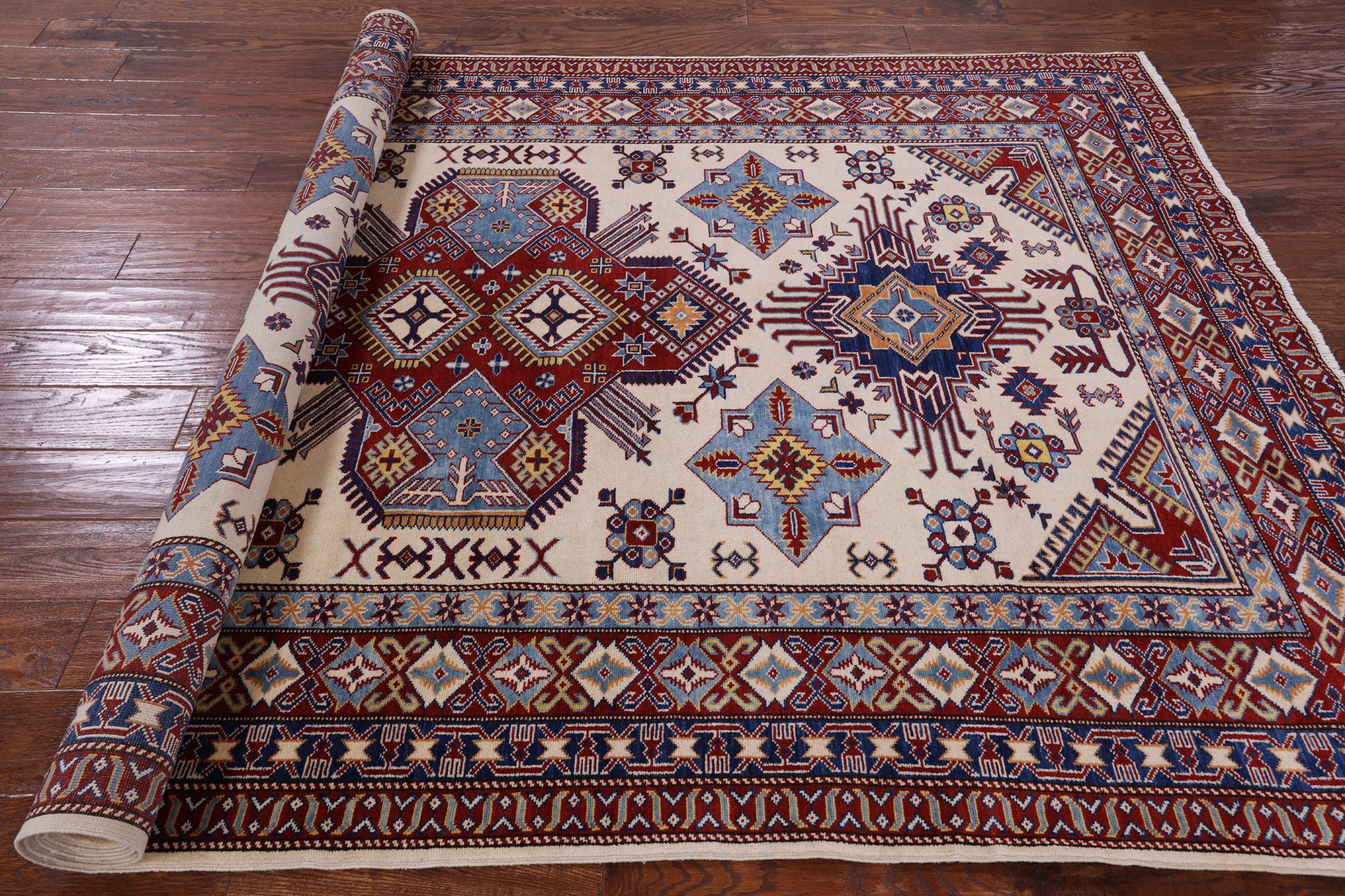 Ivory Super Kazak Hand Knotted Wool Rug - 5' 10" X 8' 7" - Golden Nile