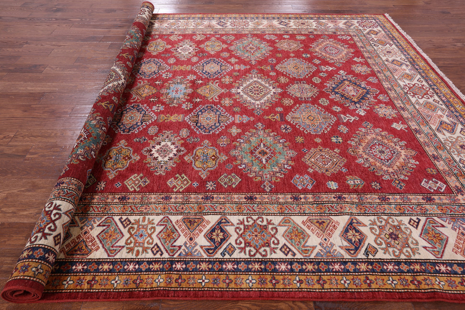 Red Super Kazak Hand Knotted Wool Rug - 9' 0" X 12' 0" - Golden Nile