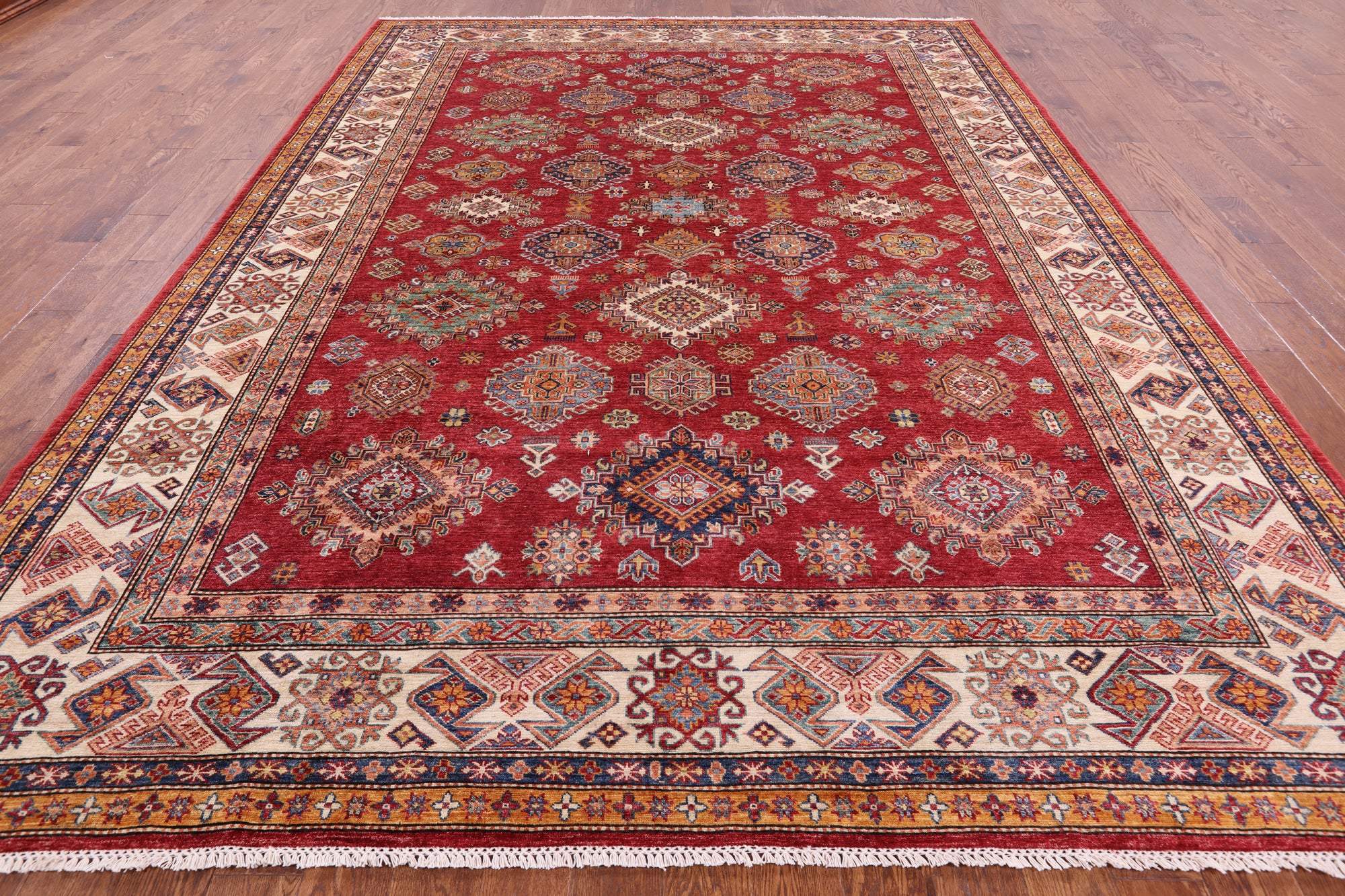 Red Super Kazak Hand Knotted Wool Rug - 9' 0" X 12' 0" - Golden Nile
