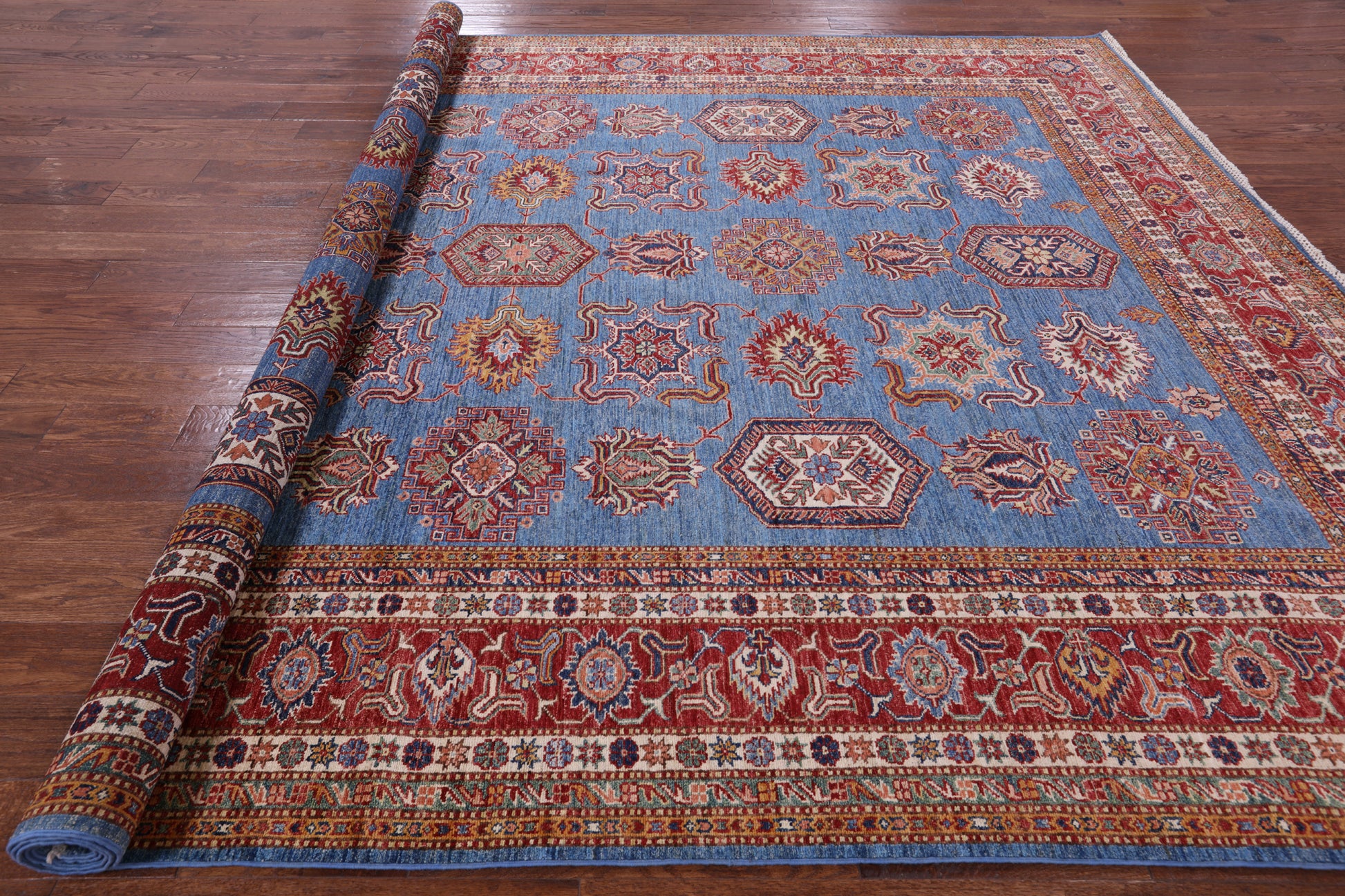 Blue Super Kazak Hand Knotted Wool Rug - 9' 4" X 12' 1" - Golden Nile