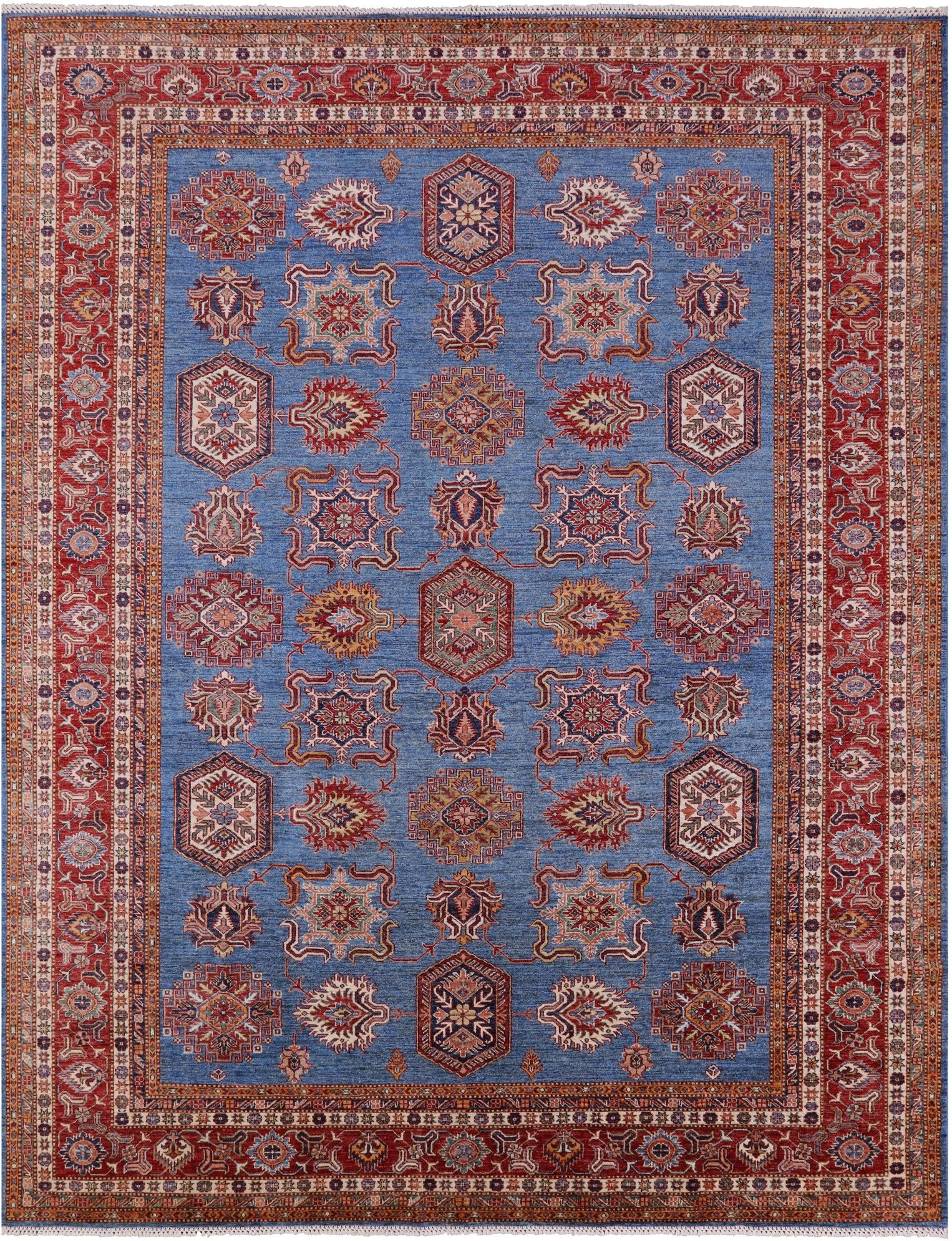 Blue Super Kazak Hand Knotted Wool Rug - 9' 4" X 12' 1" - Golden Nile