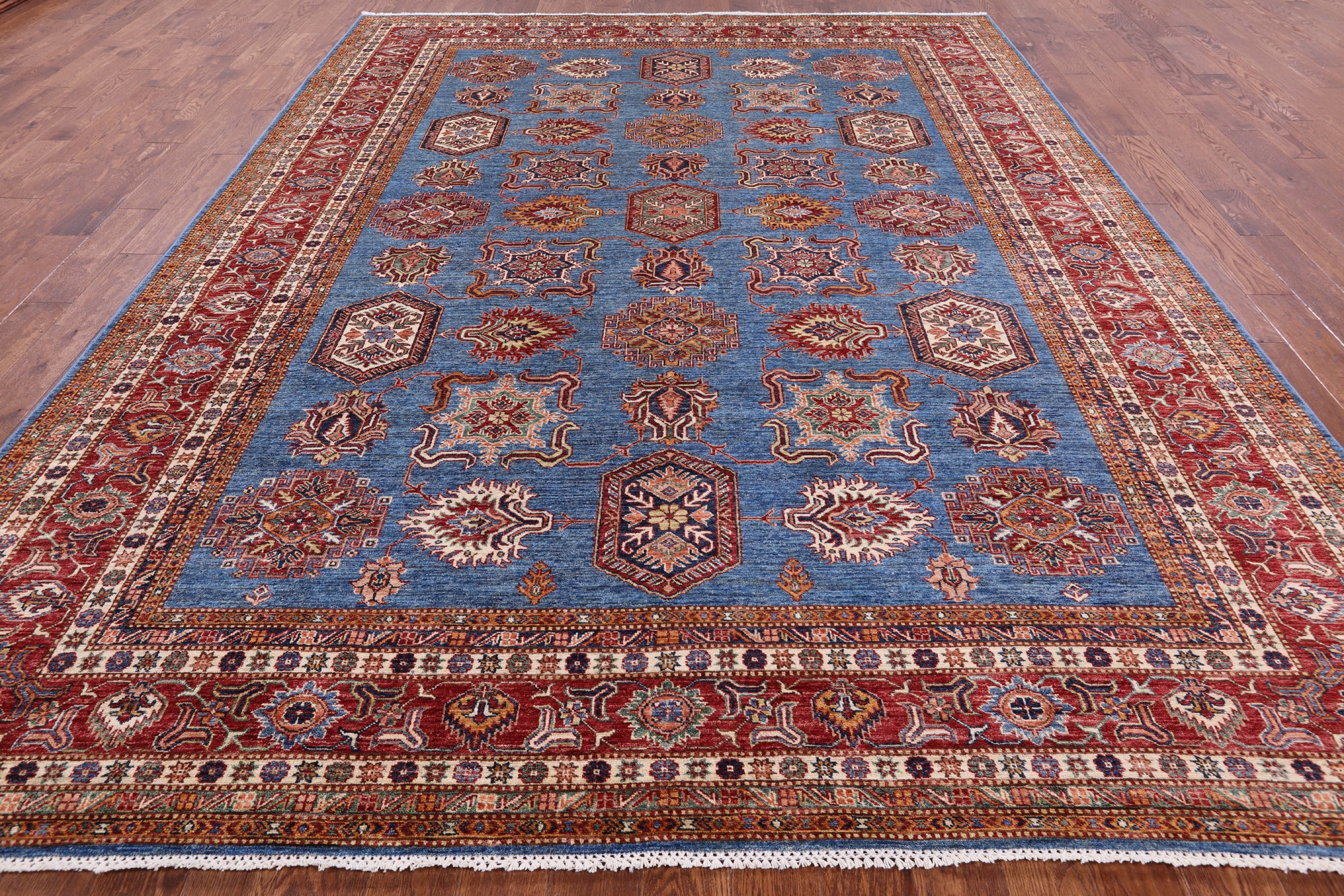 Blue Super Kazak Hand Knotted Wool Rug - 9' 4" X 12' 1" - Golden Nile