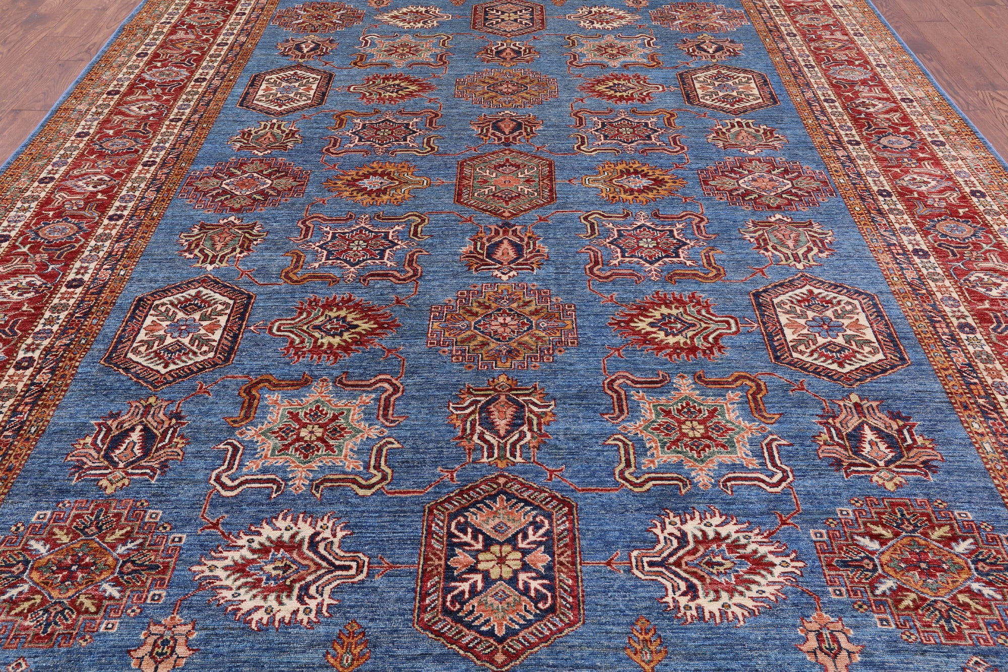 Blue Super Kazak Hand Knotted Wool Rug - 9' 4" X 12' 1" - Golden Nile