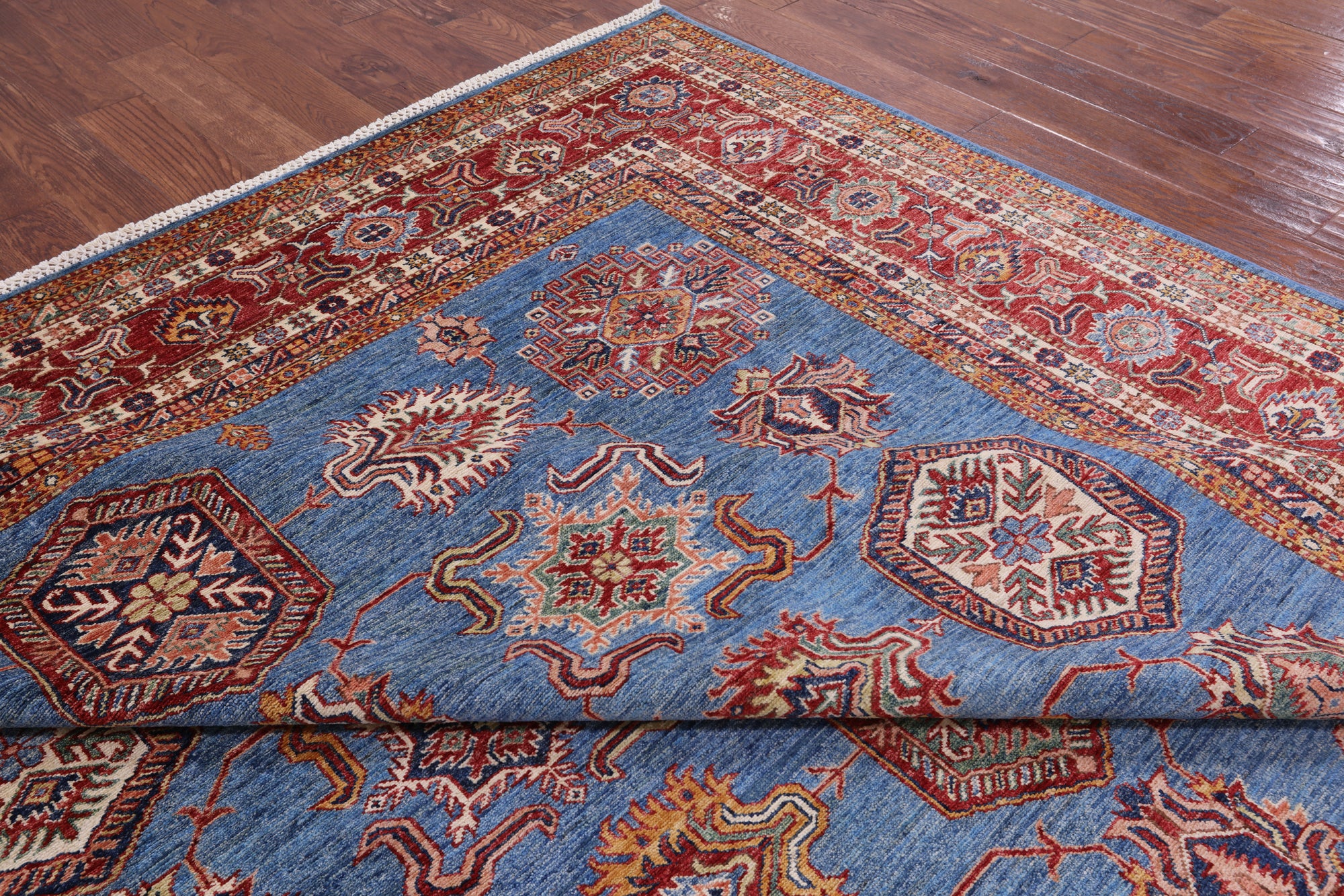 Blue Super Kazak Hand Knotted Wool Rug - 9' 4" X 12' 1" - Golden Nile