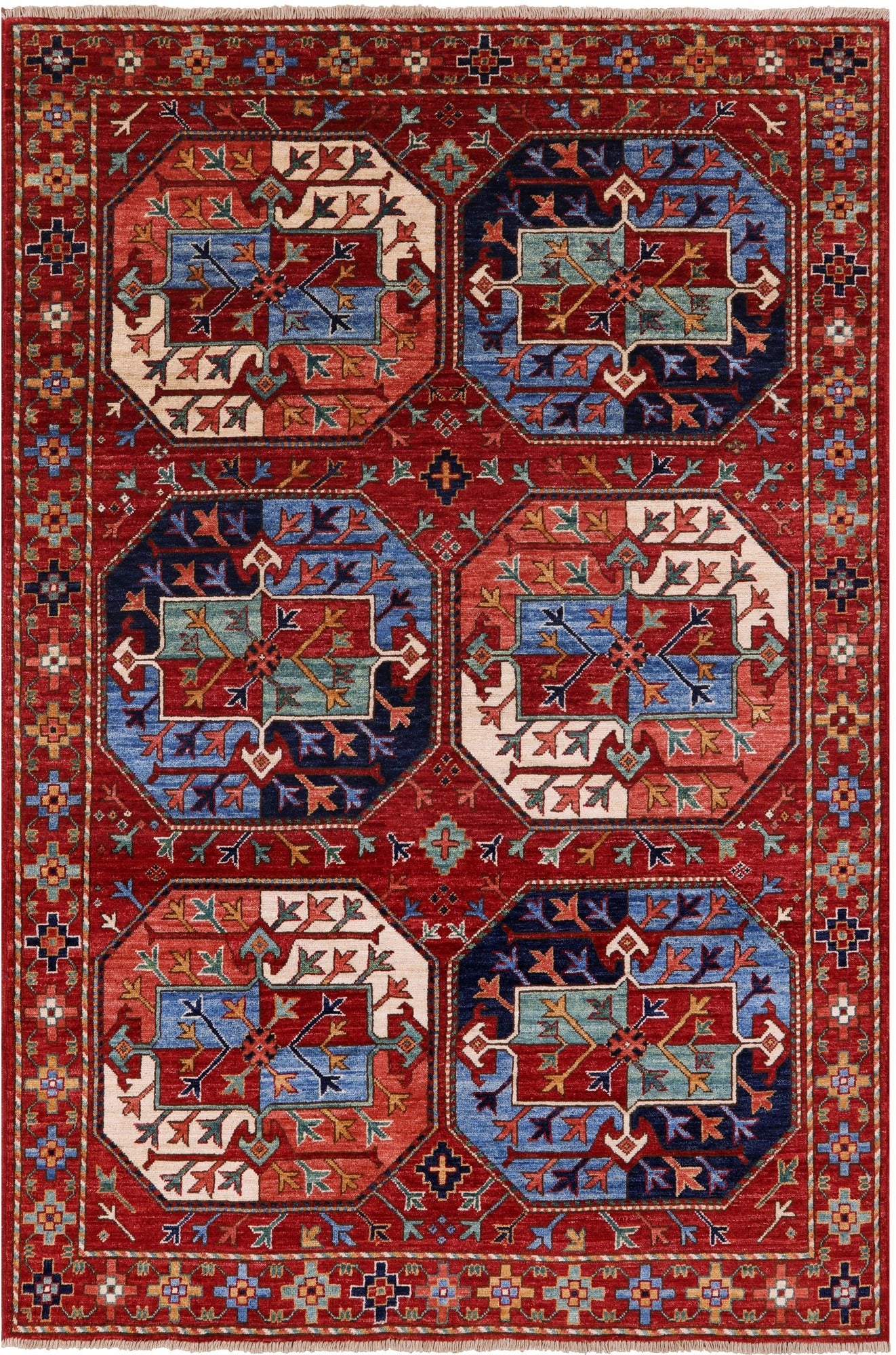 Red Turkmen Ersari Hand Knotted Wool Rug - 4' 0" X 6' 0" - Golden Nile