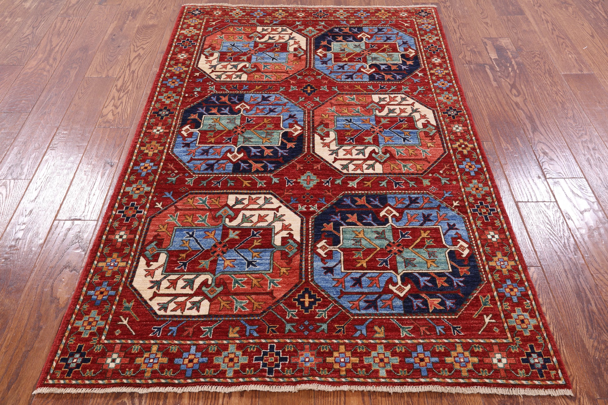Red Turkmen Ersari Hand Knotted Wool Rug - 4' 0" X 6' 0" - Golden Nile