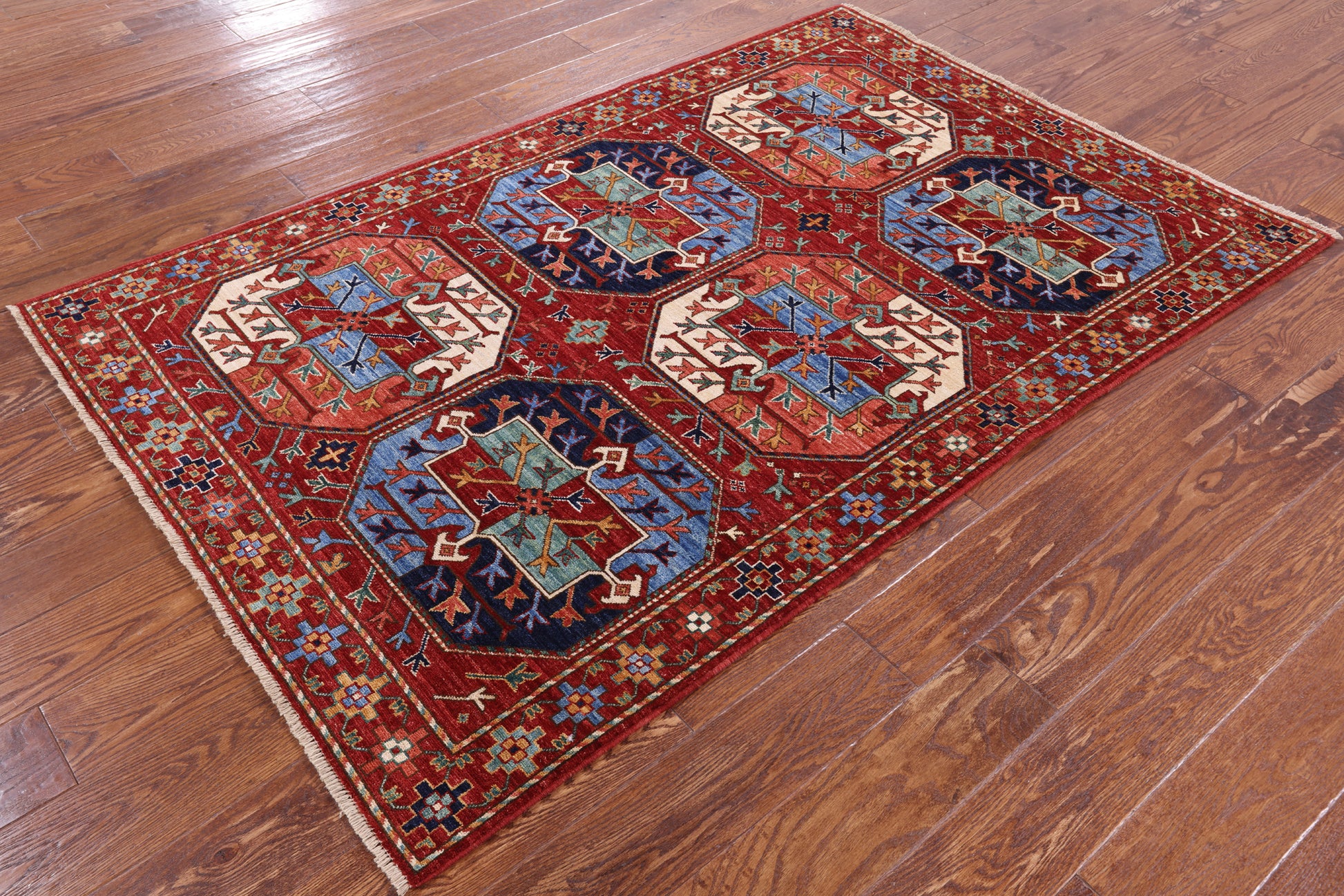 Red Turkmen Ersari Hand Knotted Wool Rug - 4' 0" X 6' 0" - Golden Nile