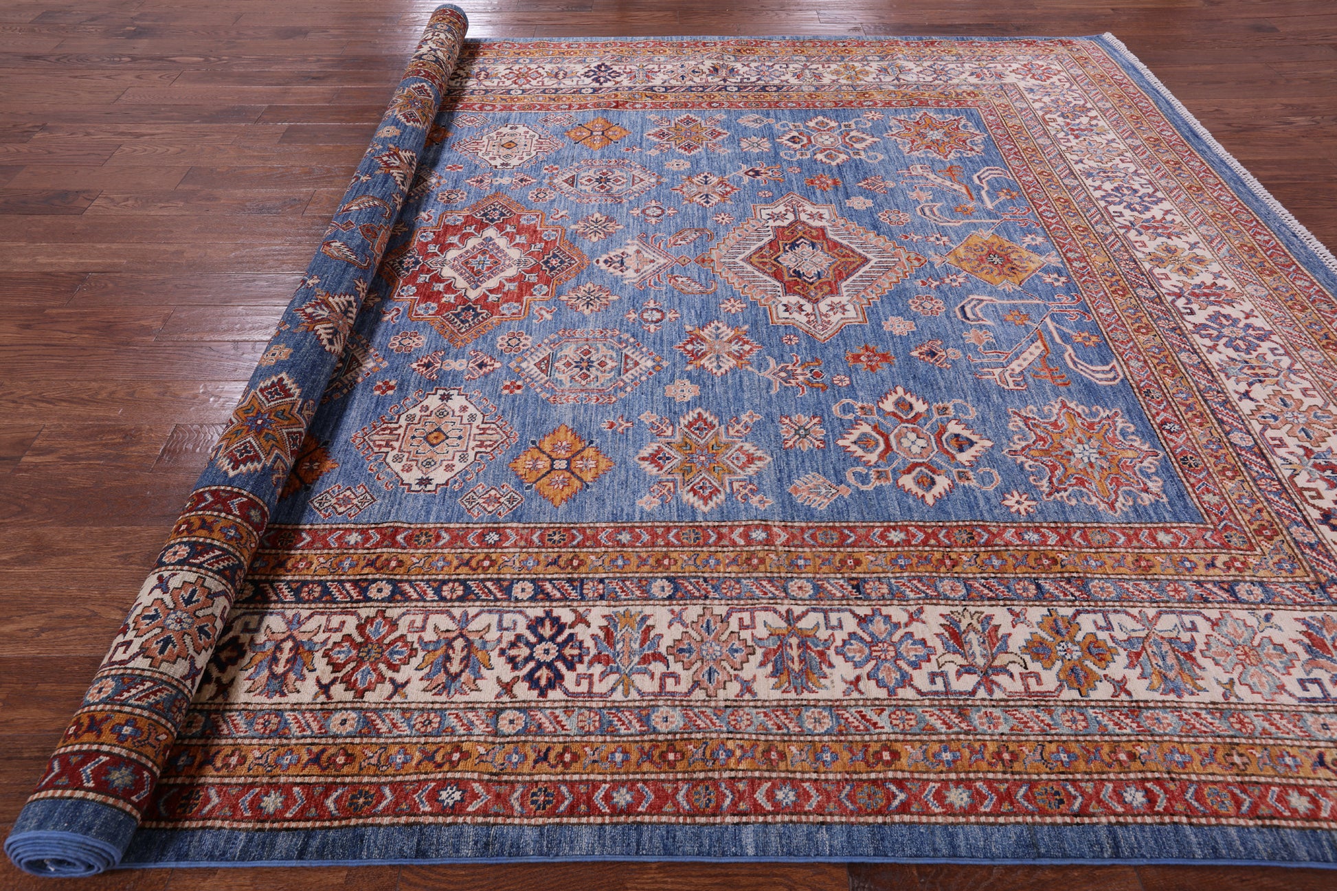 Blue Super Kazak Hand Knotted Wool Rug - 8' 11" X 12' 2" - Golden Nile