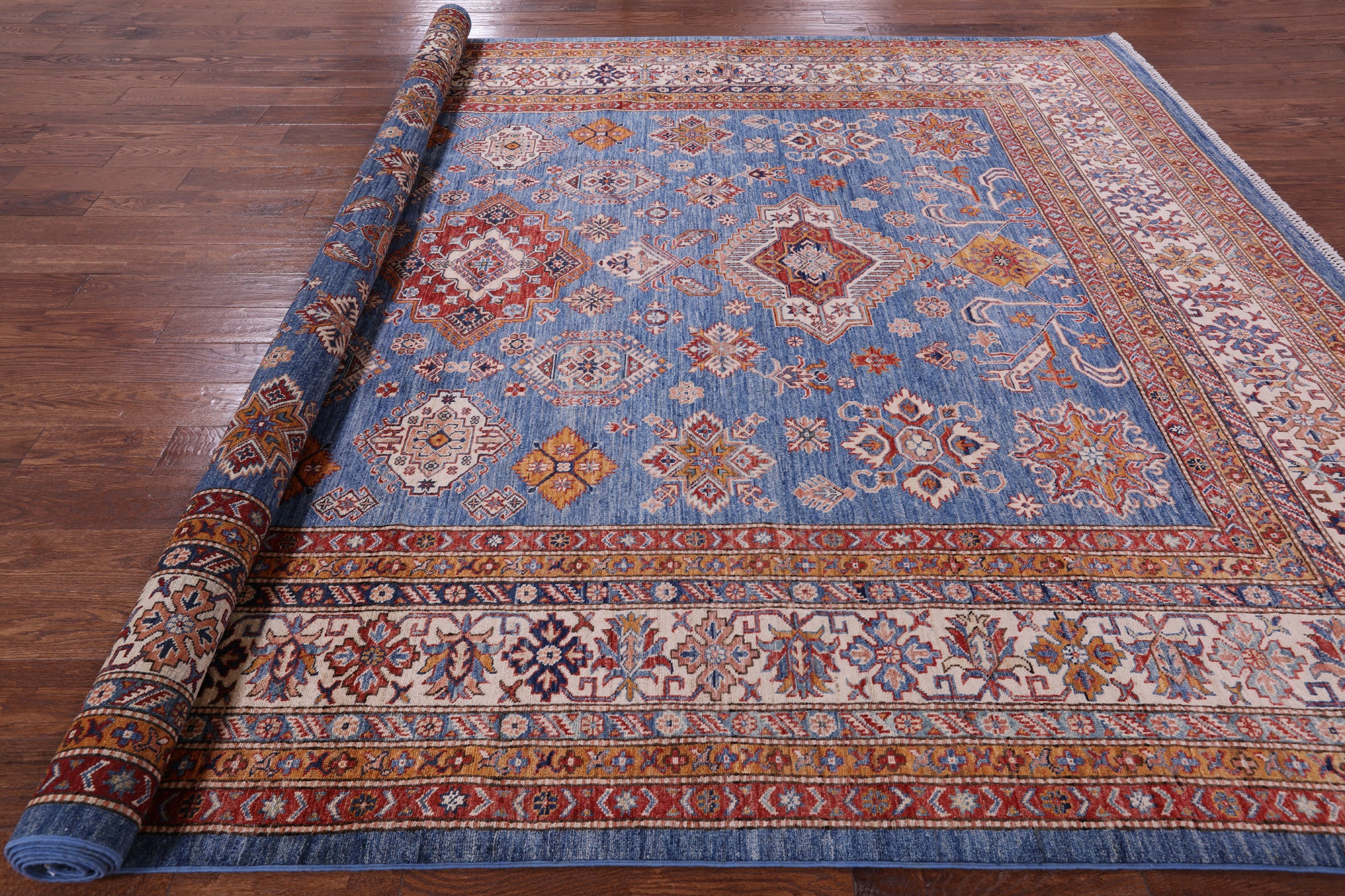 Blue Super Kazak Hand Knotted Wool Rug - 8' 11" X 12' 2" - Golden Nile
