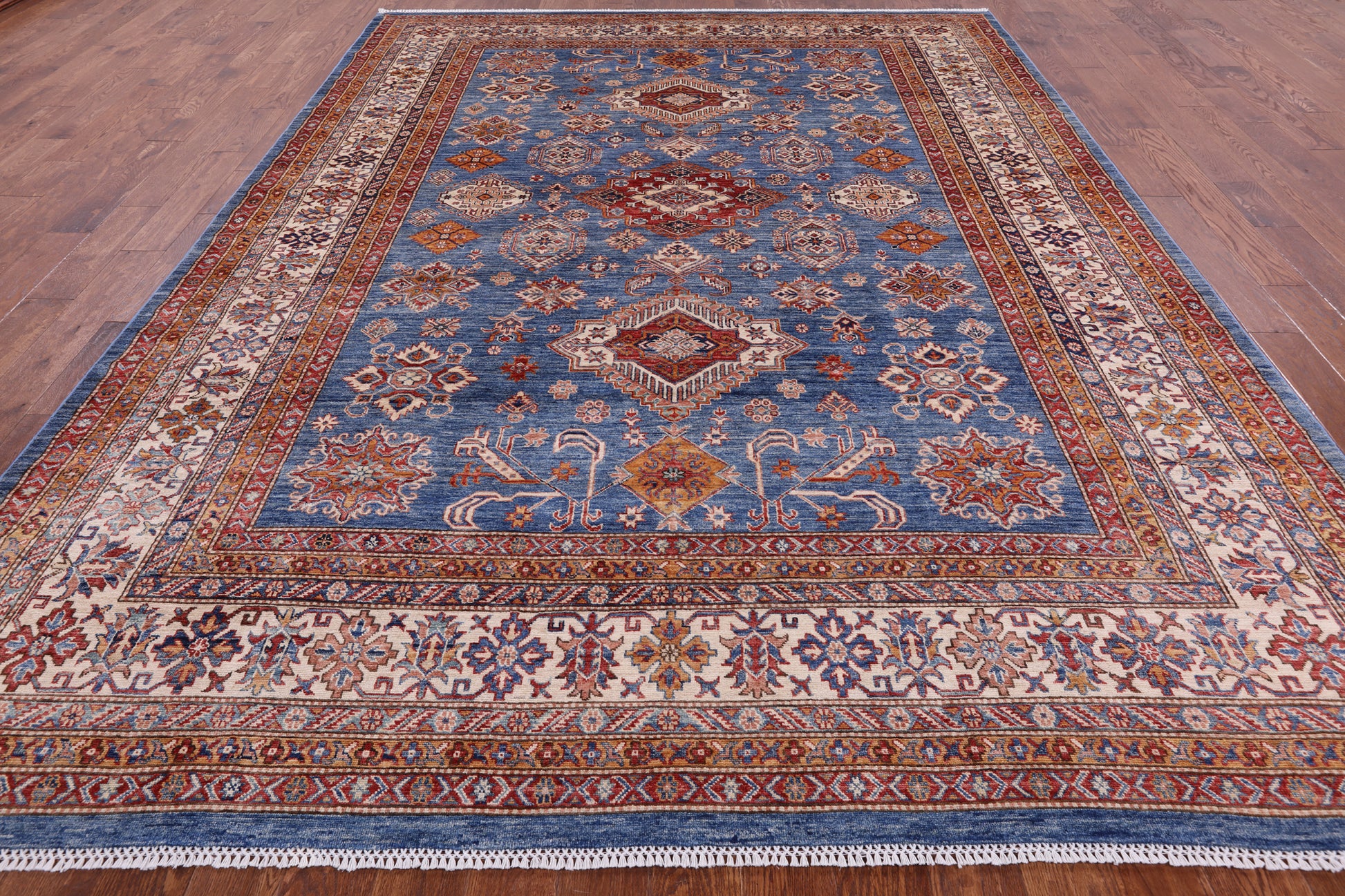 Blue Super Kazak Hand Knotted Wool Rug - 8' 11" X 12' 2" - Golden Nile