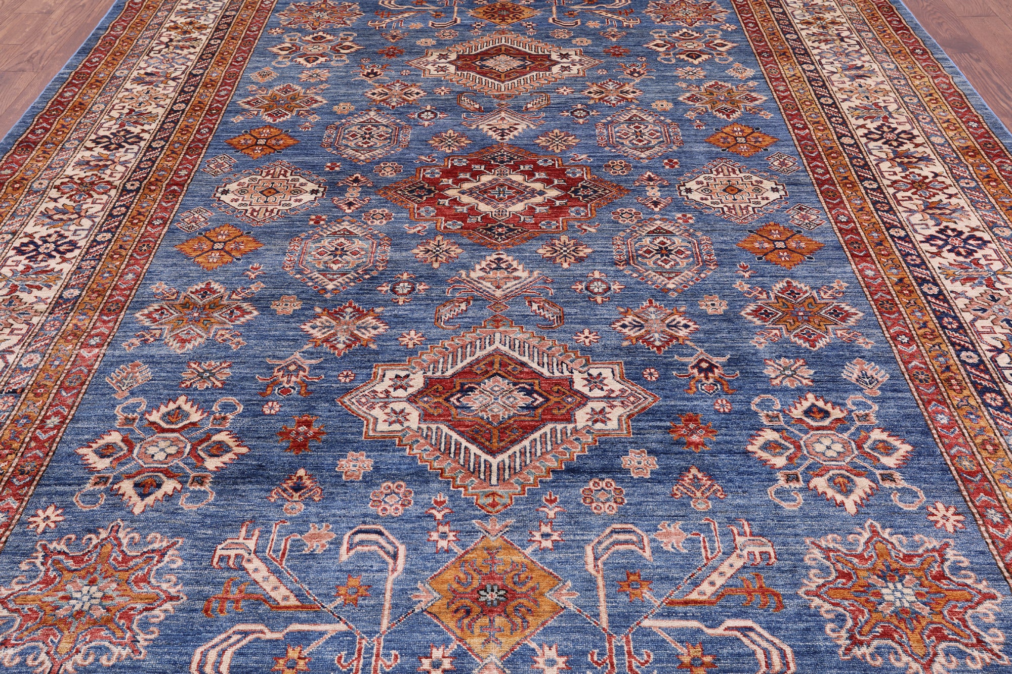 Blue Super Kazak Hand Knotted Wool Rug - 8' 11" X 12' 2" - Golden Nile