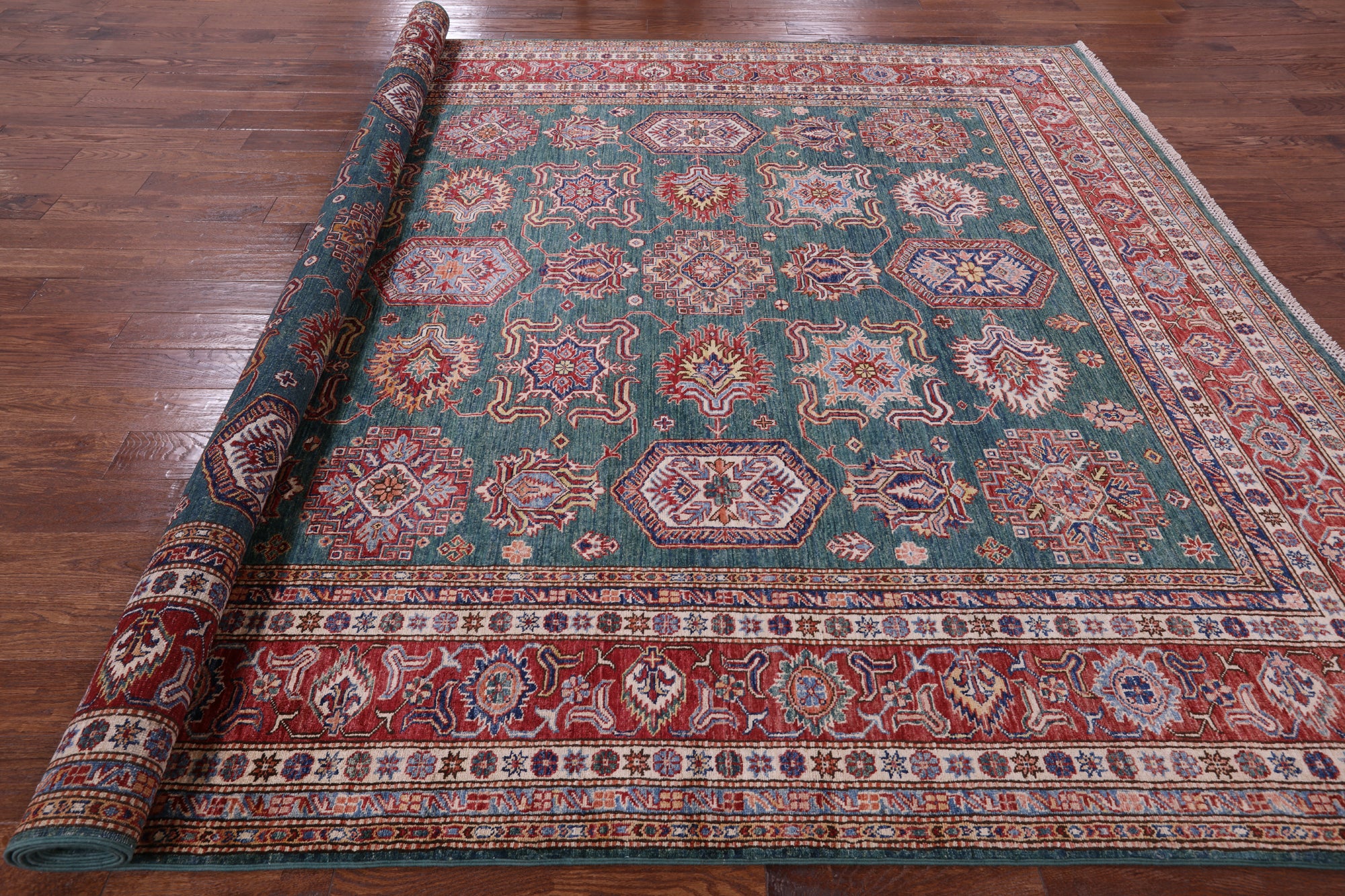Green Super Kazak Hand Knotted Wool Rug - 9' 2" X 12' 8" - Golden Nile