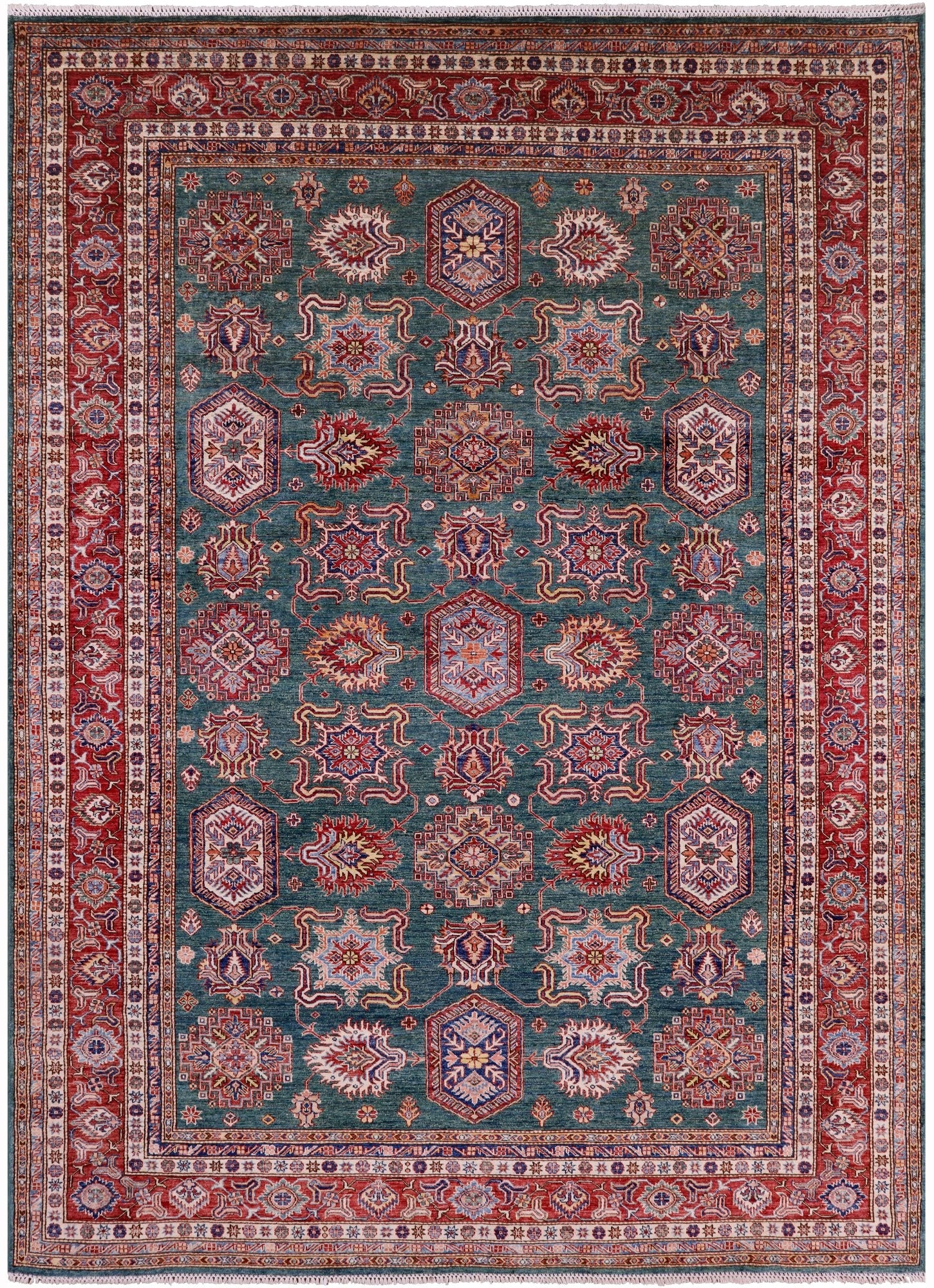 Green Super Kazak Hand Knotted Wool Rug - 9' 2" X 12' 8" - Golden Nile