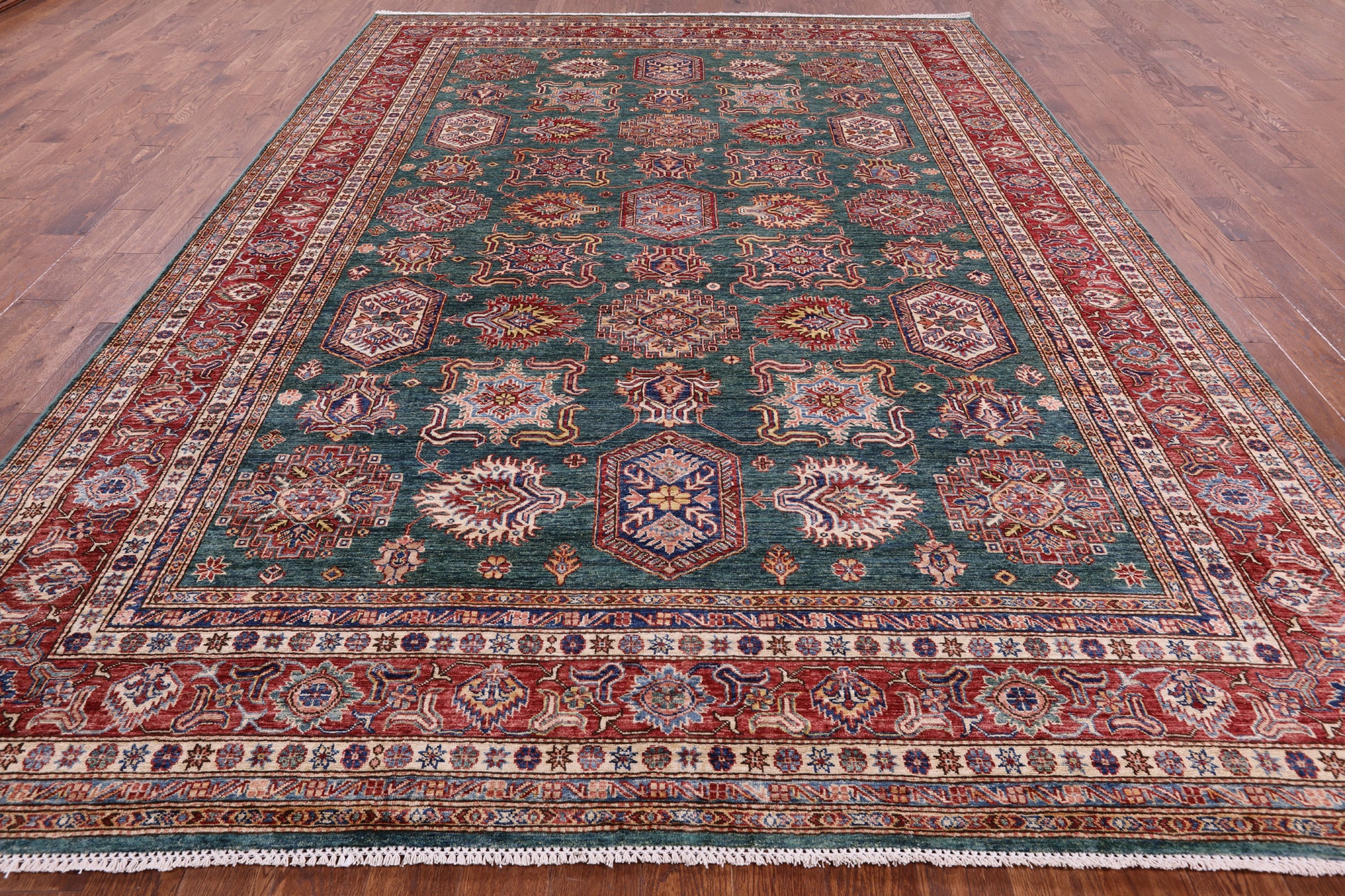 Green Super Kazak Hand Knotted Wool Rug - 9' 2" X 12' 8" - Golden Nile