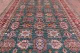 Green Super Kazak Hand Knotted Wool Rug - 9' 2" X 12' 8" - Golden Nile