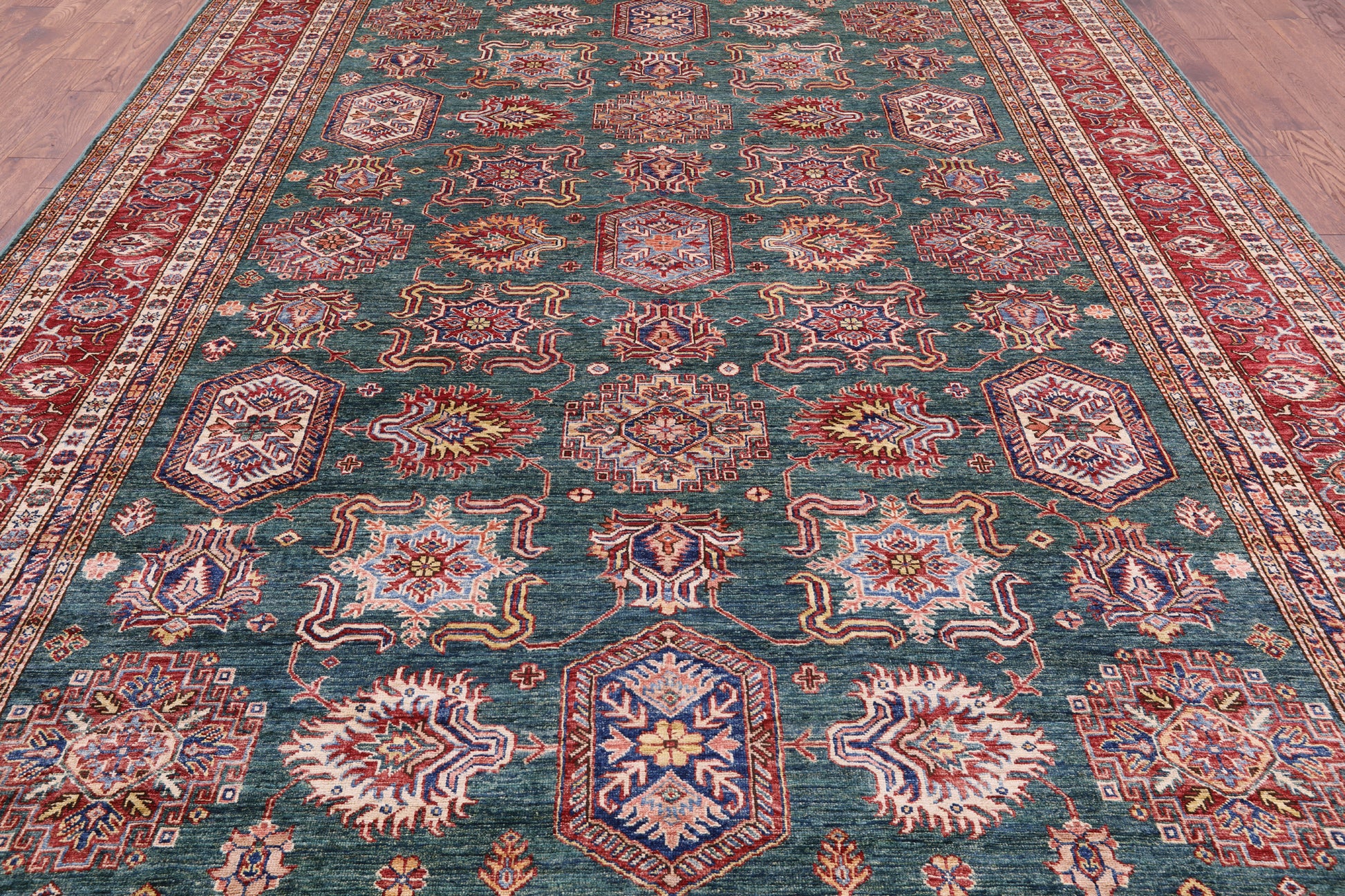 Green Super Kazak Hand Knotted Wool Rug - 9' 2" X 12' 8" - Golden Nile