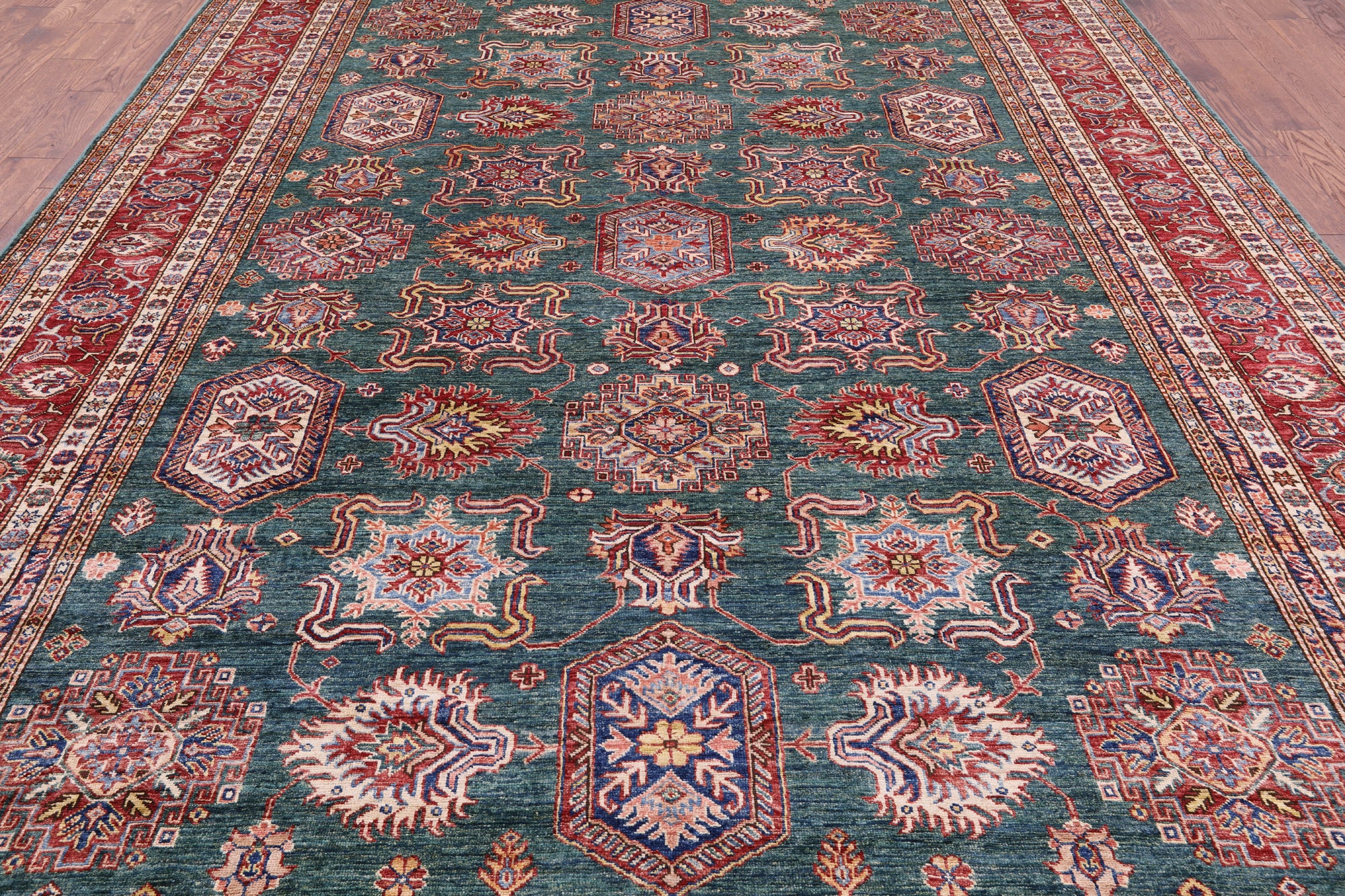 Green Super Kazak Hand Knotted Wool Rug - 9' 2" X 12' 8" - Golden Nile