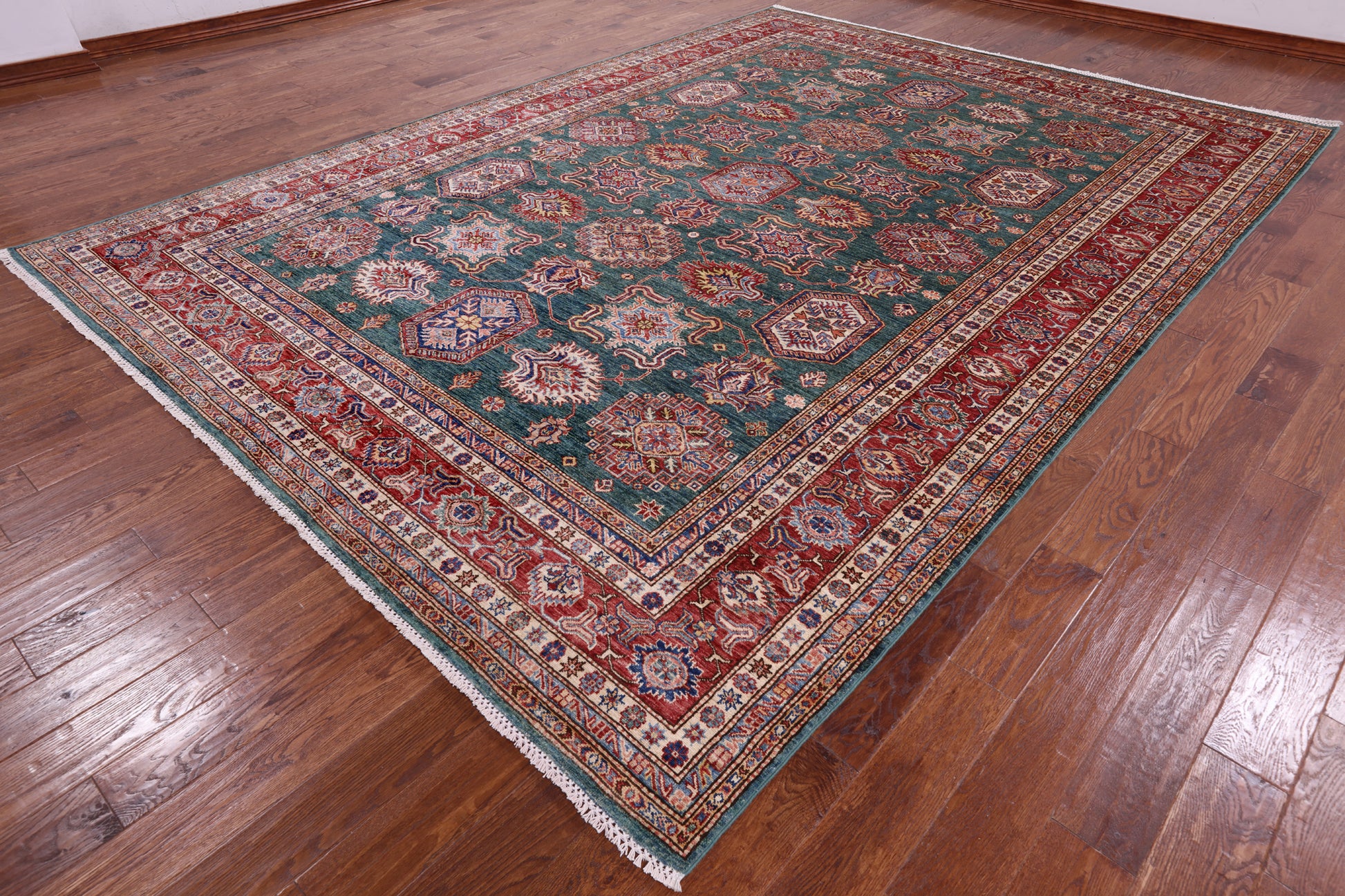 Green Super Kazak Hand Knotted Wool Rug - 9' 2" X 12' 8" - Golden Nile
